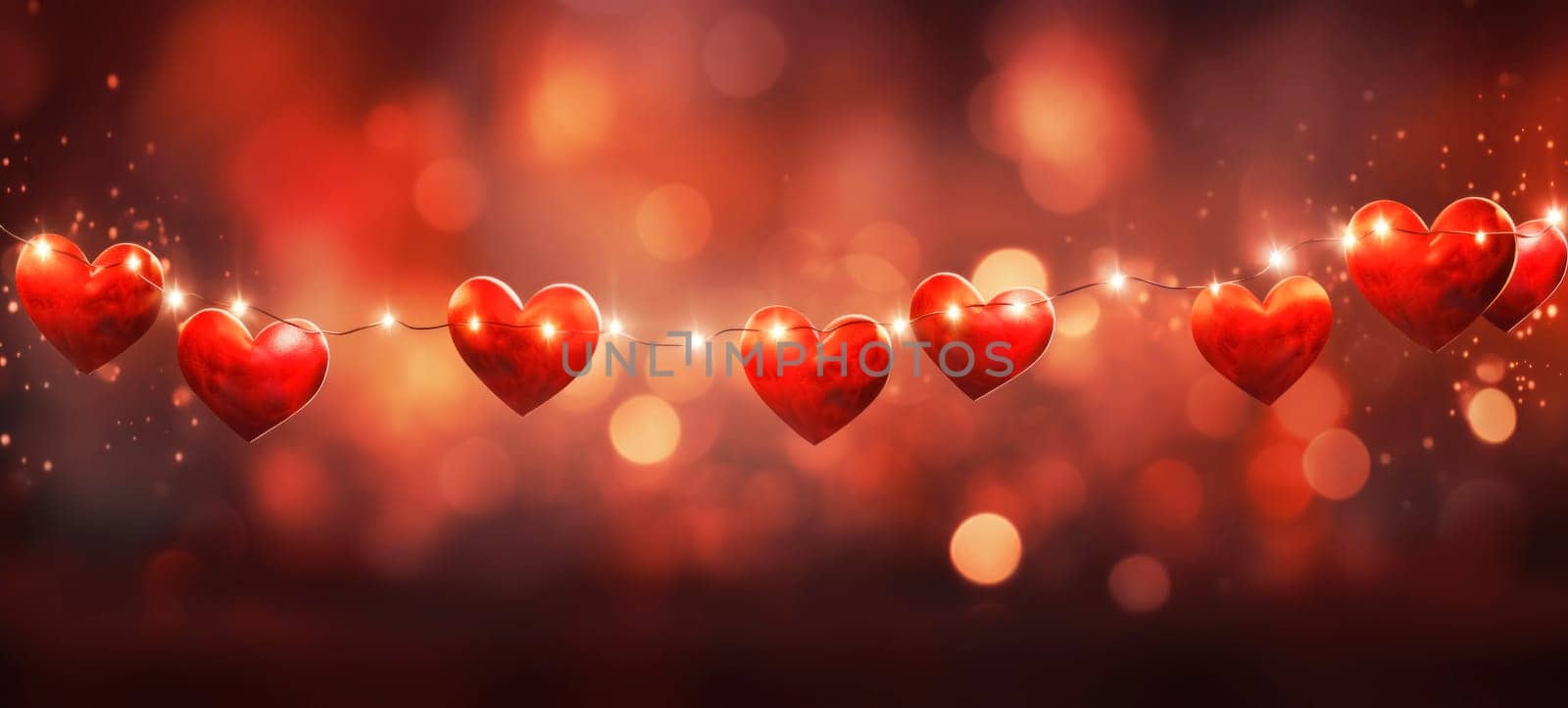 Heart-shaped balloons illuminated by twinkling lights against a dark romantic background, creating a magical atmosphere.