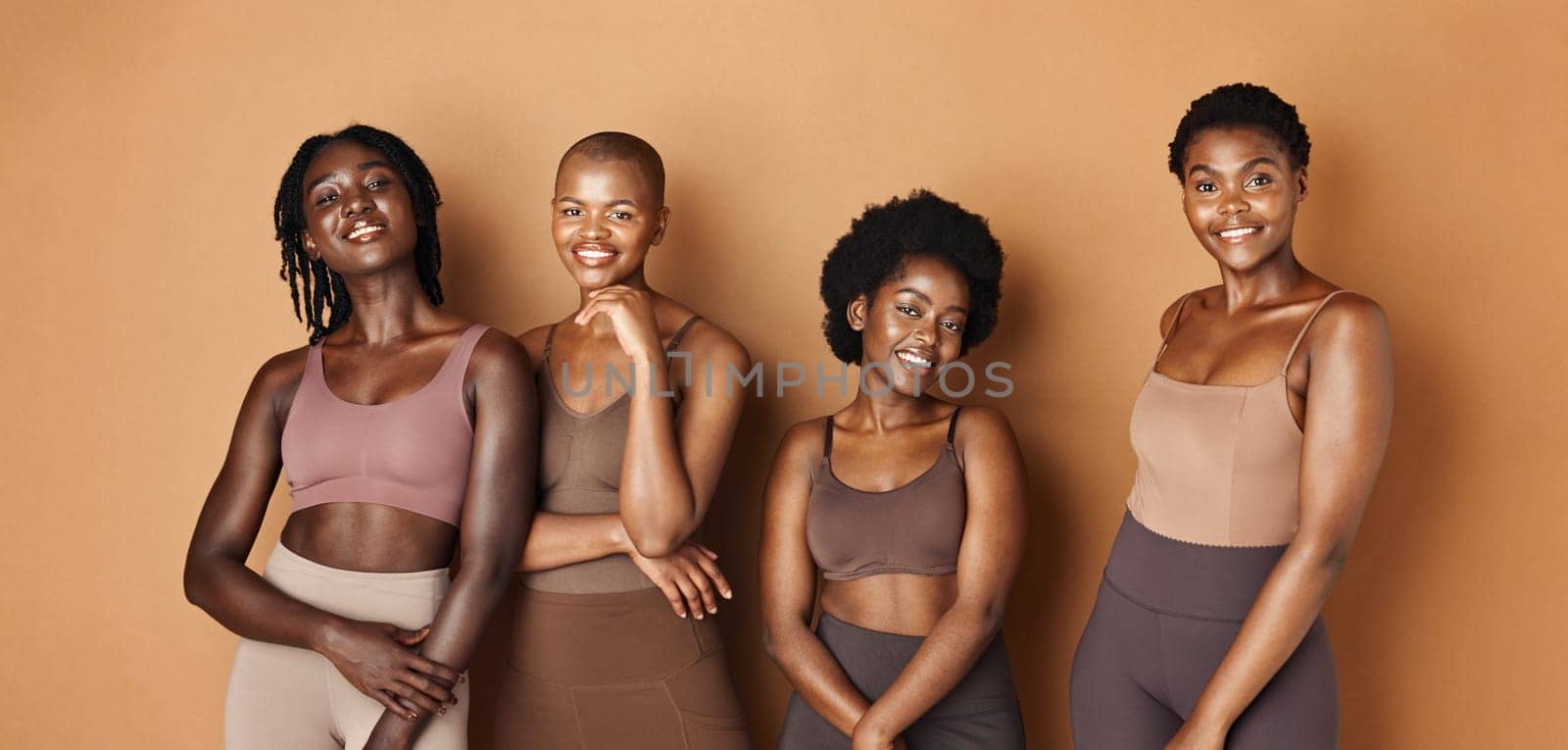 Friends, face or African models with beauty, glowing skin or results isolated on brown background. Facial dermatology, smile or natural cosmetics skincare in studio with black women or happy people.