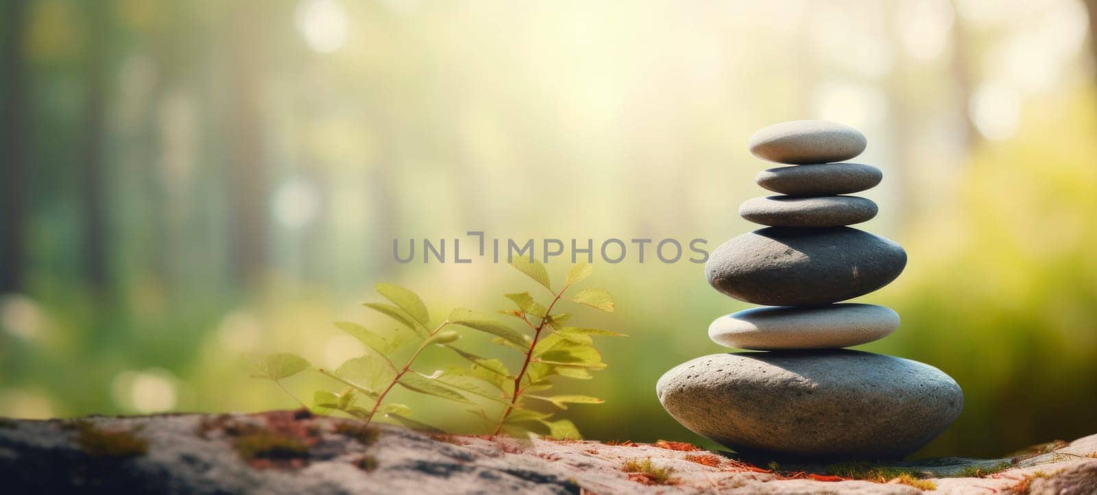 A serene composition of stacked smooth stones resting on a mossy log in a forest clearing, bathed in warm sunlight filtering through trees.