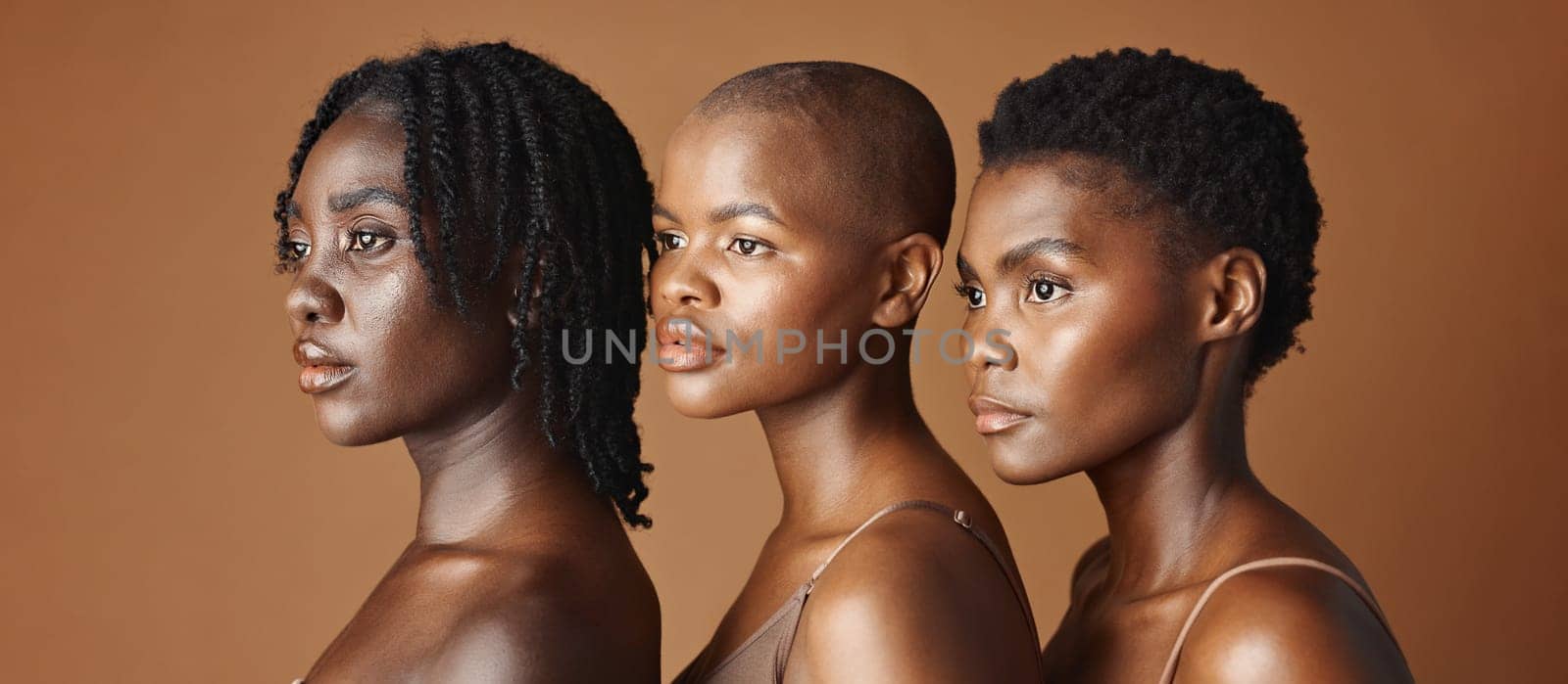 Skincare, beauty and young black women in studio with glowing, natural and facial routine. Wellness, cosmetic and portrait of African female friends with dermatology treatment by brown background. by YuriArcurs