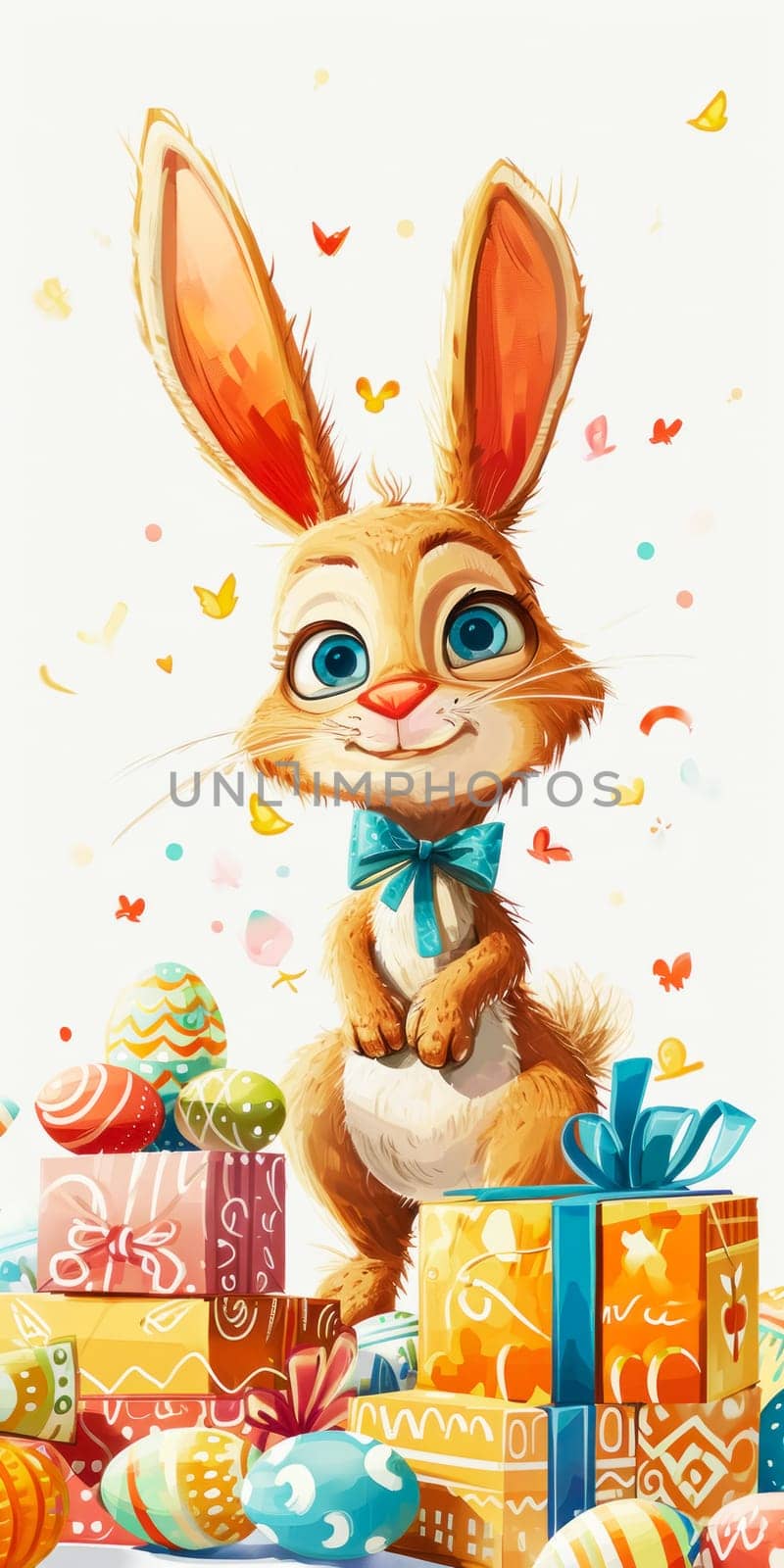 A vibrant Easter illustration displaying a joyful bunny with a bow tie, playfully holding a decorated egg among a collection of colorful Easter eggs and gifts.
