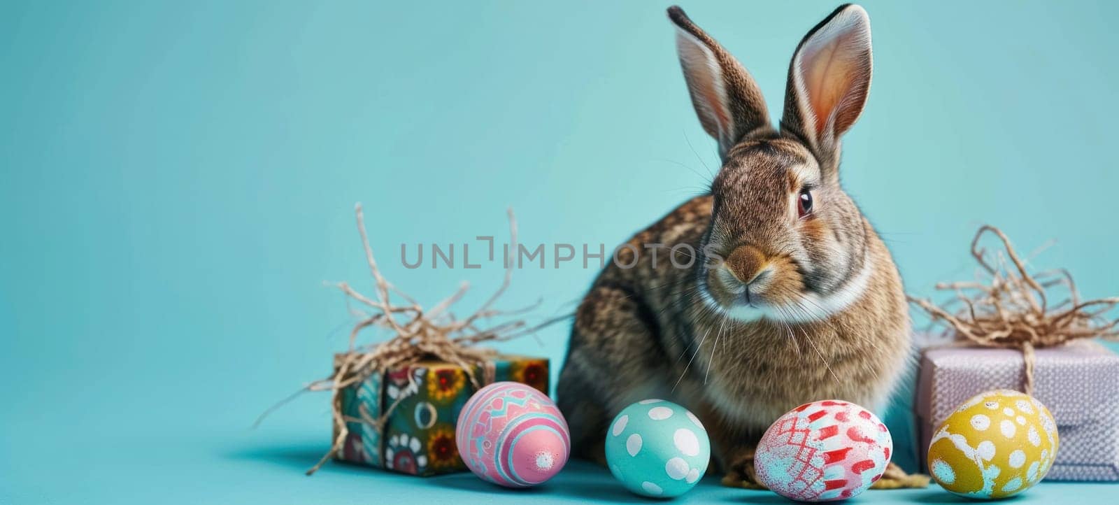A rabbit surrounded by Easter eggs and gift boxes on a teal backdrop