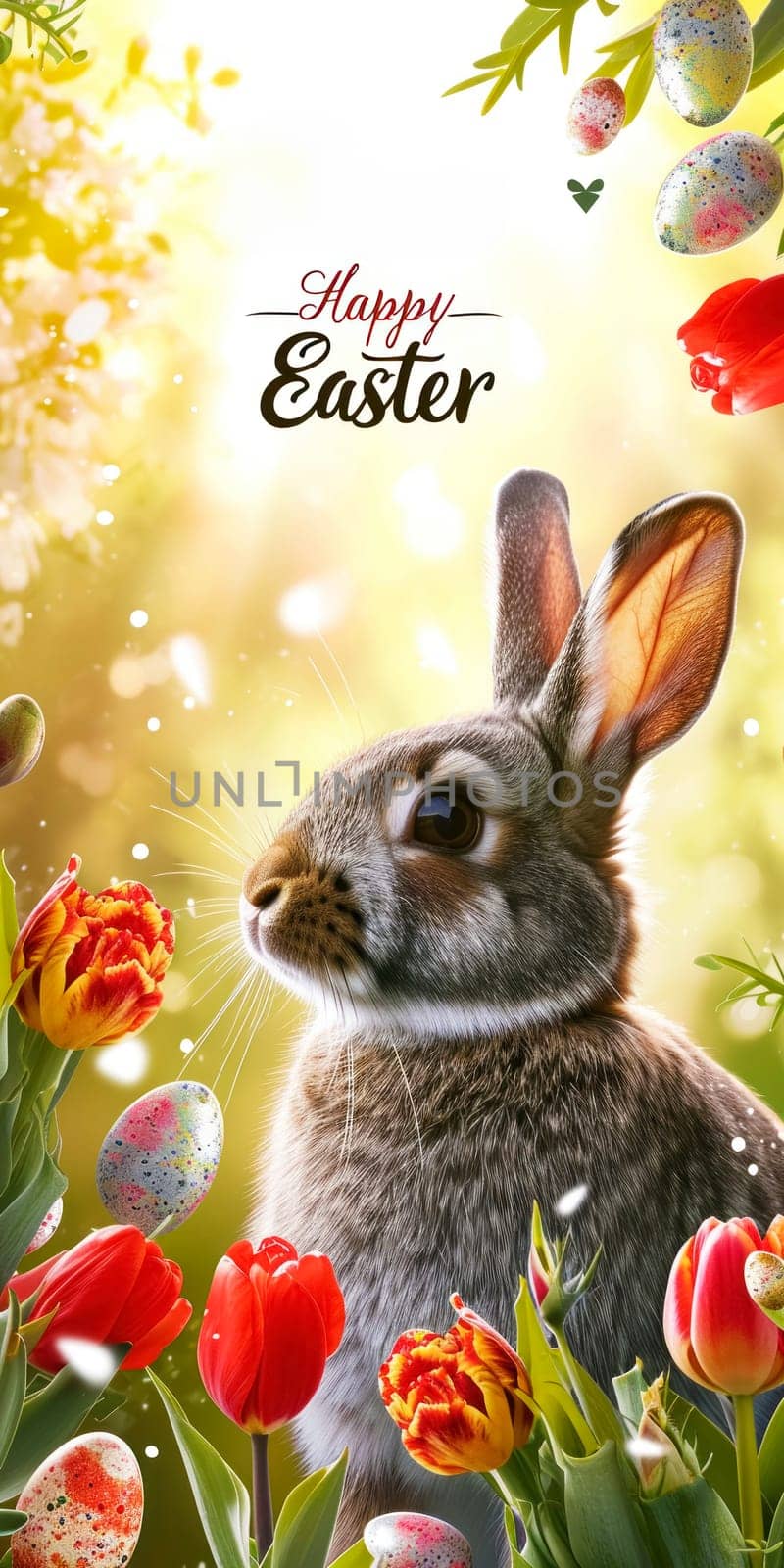 A festive Easter banner depicting a lifelike bunny with red tulips and decorated Easter eggs, embodying the joy of the holiday