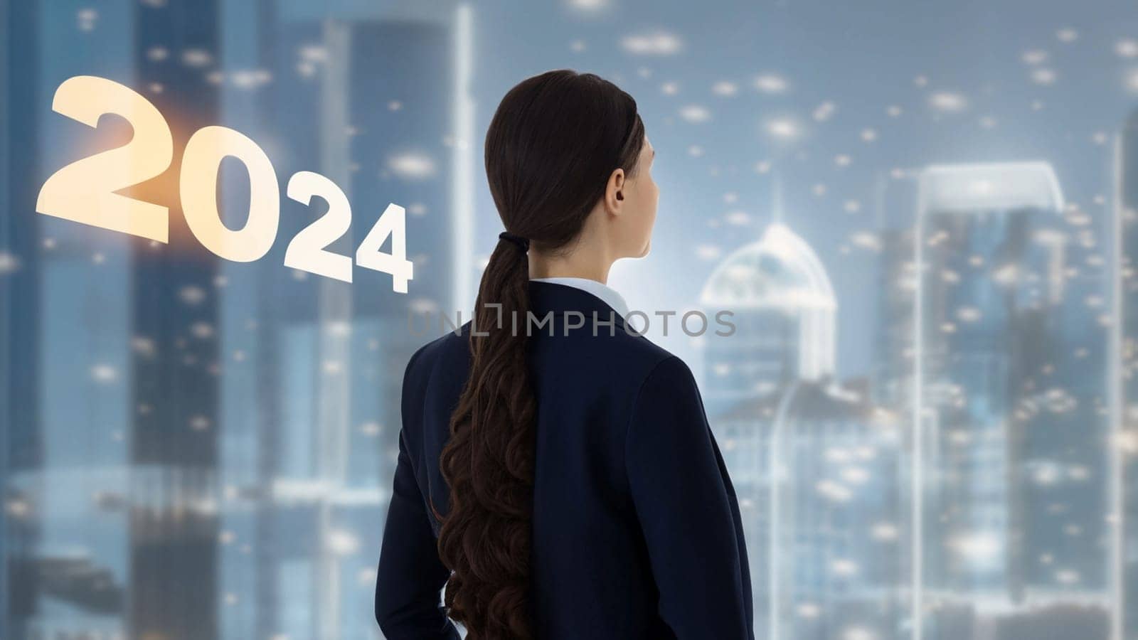 business woman with the new year 2024 near her head. Businesswoman looking at futuristic city background, Business happy new year 2024 cover concept. by Costin