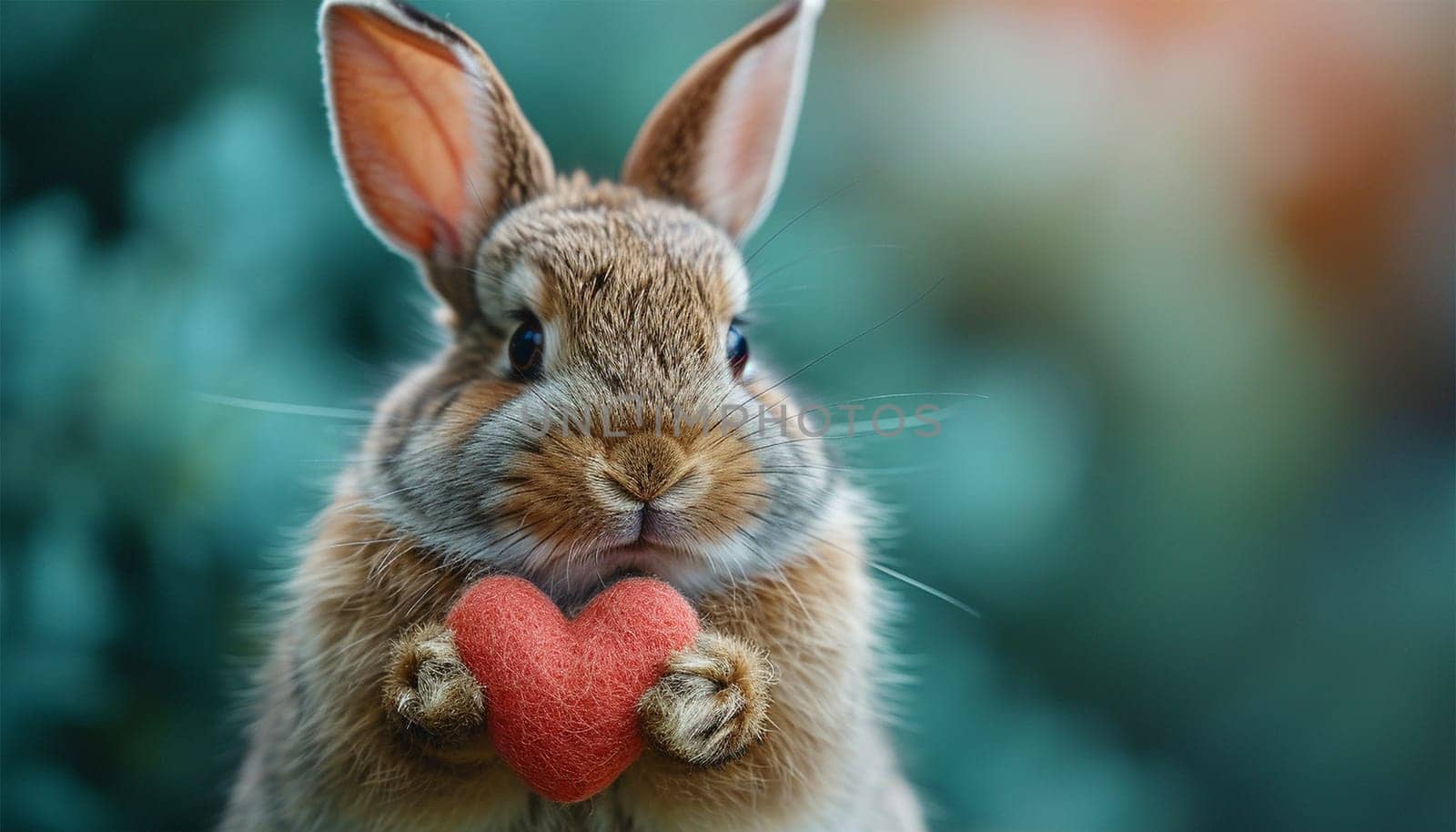 Rabbit with Valentine heart on pastel background. Cute realistic bunny holding red heart. Valentine's day greeting card. Copy space. Happy Valentine's Day Space for text