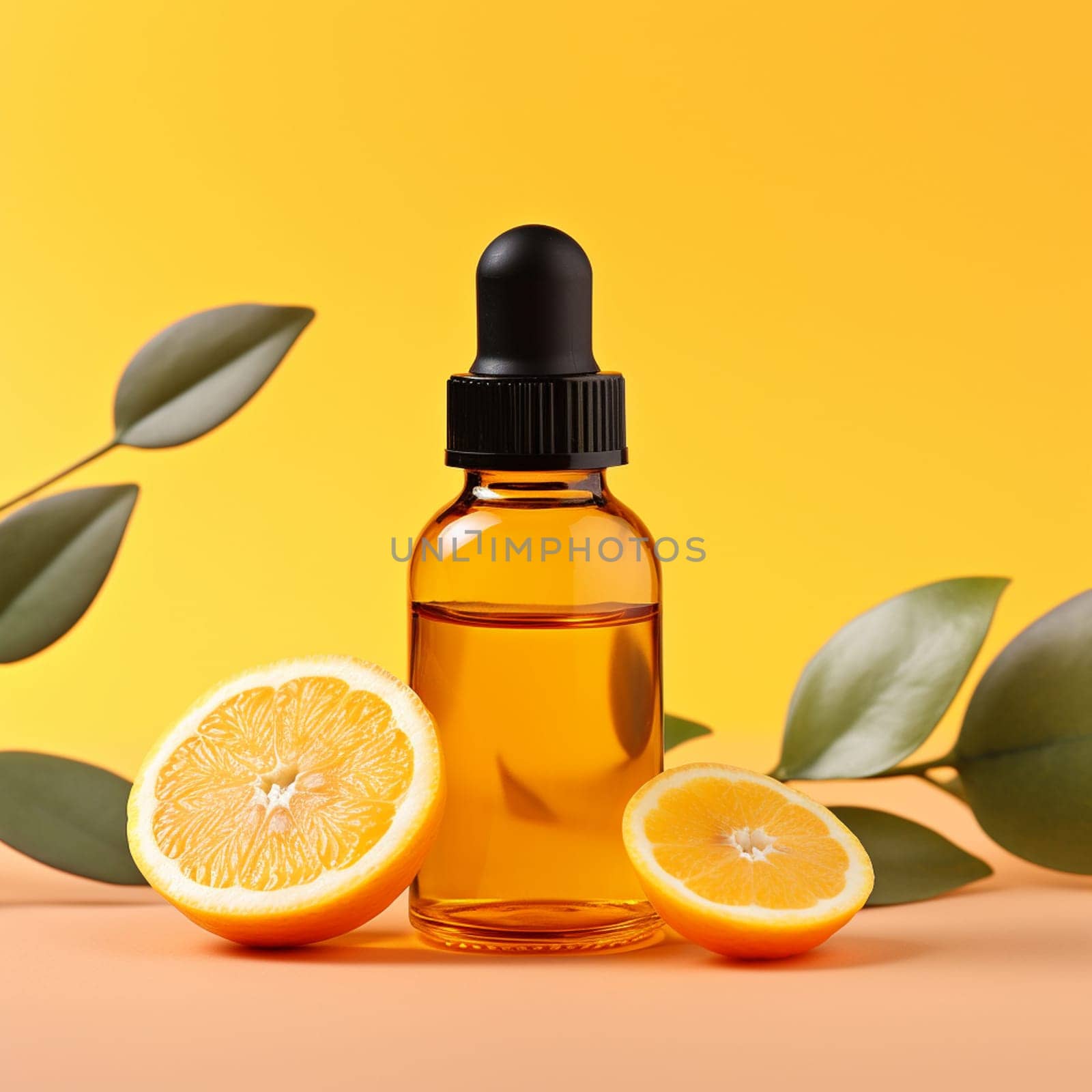 orange essential oil on a yellow background. Selective focus. nature. Generative AI,