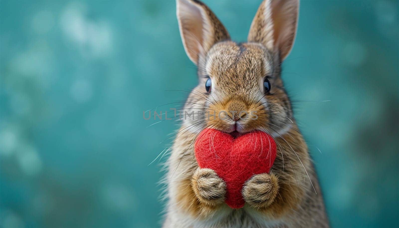 Rabbit with Valentine heart on pastel background. Cute realistic bunny holding red heart. Valentine's day greeting card. Copy space. Happy Valentine's Day by Annebel146