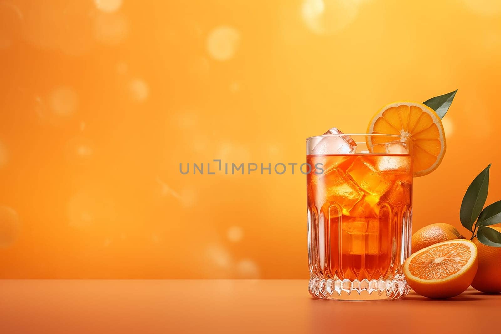 Iced tea in a glass with lemon slice and ice cubes on orange background.