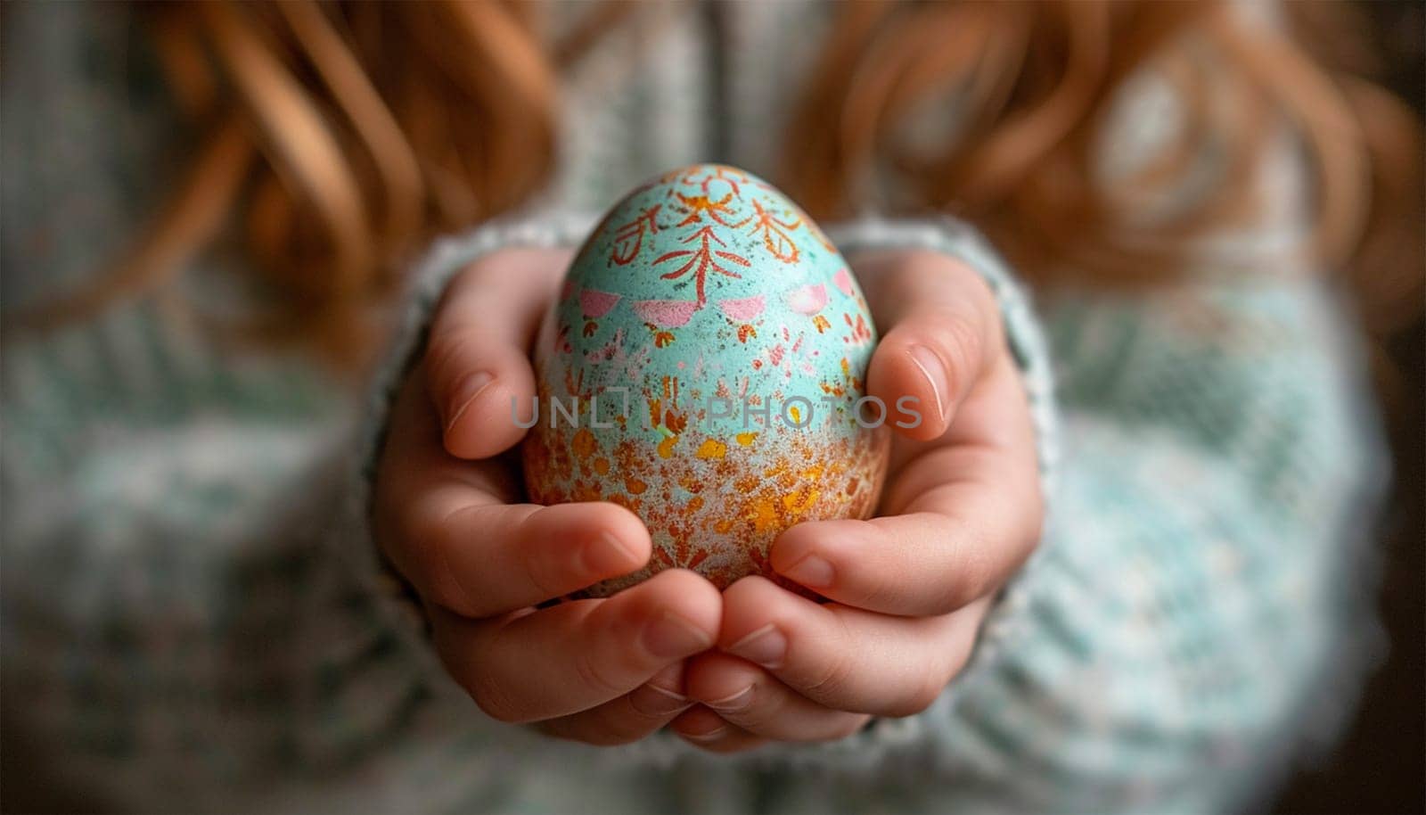 The hands of a little girl holding painted Easter egg front view, Happy Easter Holiday design decorated egg with beautiful colorful details by Annebel146