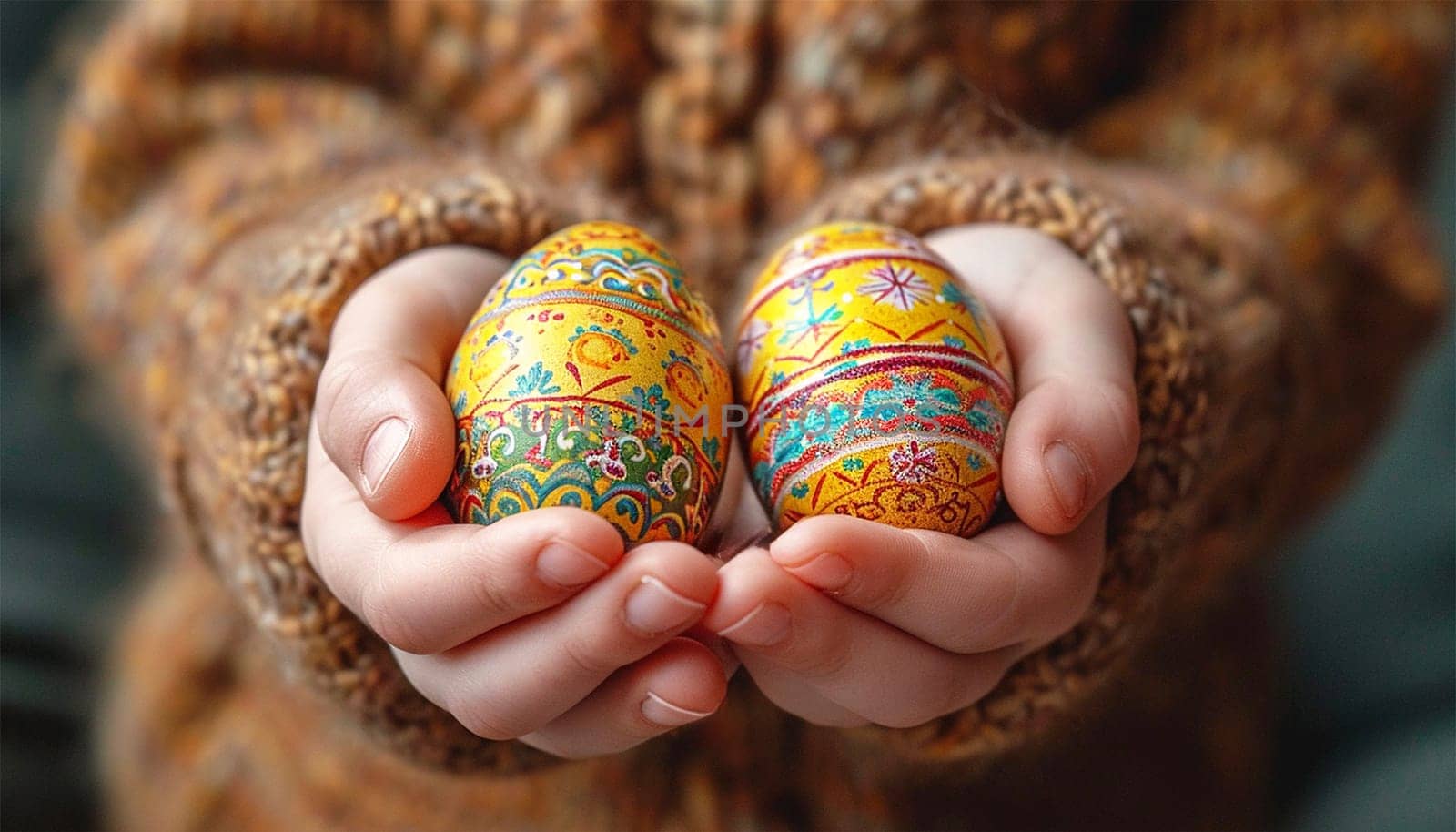 The hands of a little girl holding painted Easter egg front view, Happy Easter Holiday design decorated egg with beautiful colorful details by Annebel146