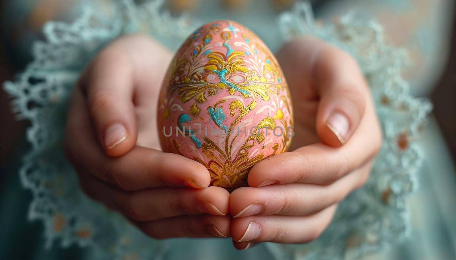 The hands of a little girl holding painted Easter egg front view, Happy Easter Holiday design decorated egg with beautiful colorful details stylish