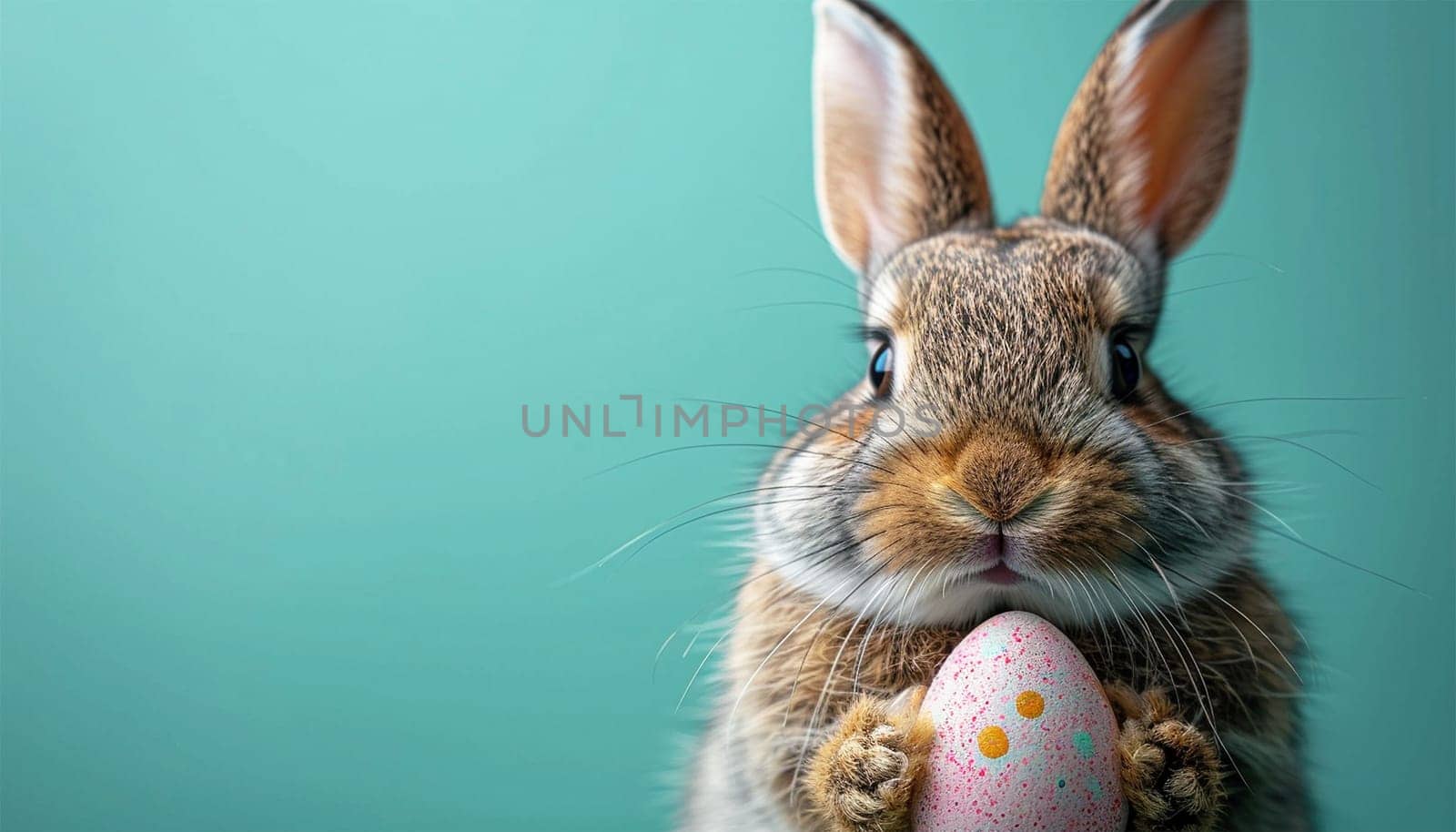 Easter day design. Realistic rabbit with painted Easter eggs on pastel green background. Decorative festive object. Holiday banner, web poster, flyer, stylish brochure, greeting card, cover. Spring Easter background. Funny Easter bunny spring decoration copy space by Annebel146