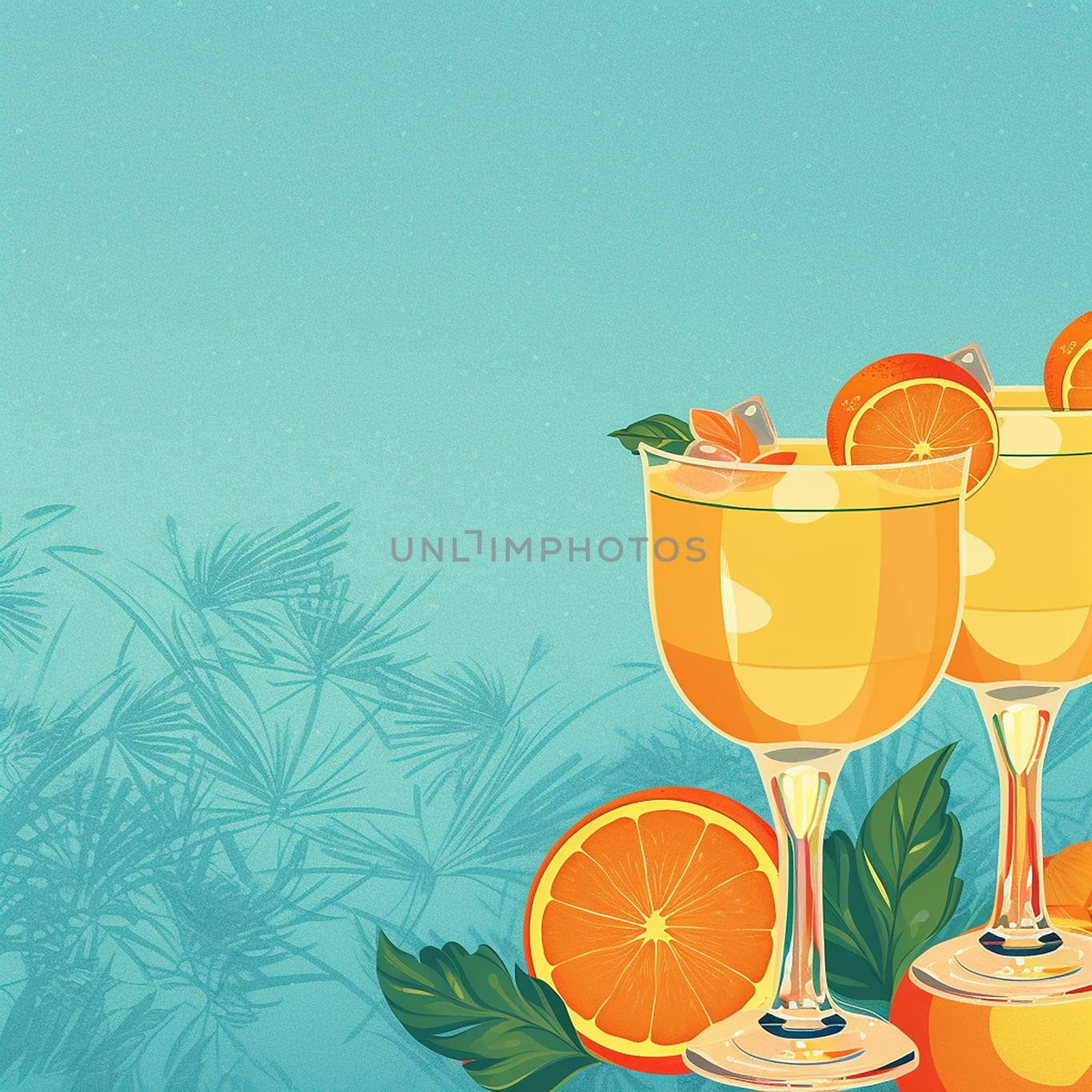 Illustration of refreshing orange cocktails with fruits and palm leaves.