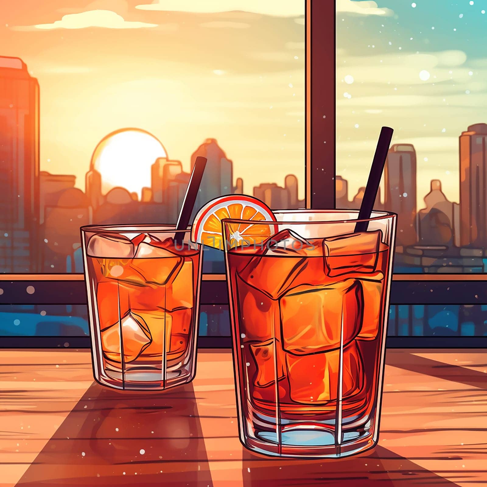 Two iced drinks with a cityscape and sunset in the background