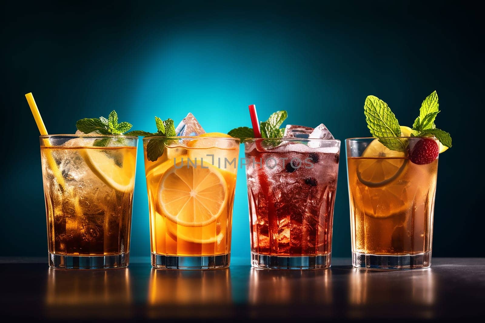 Four different iced cocktails with garnishes on a bar counter.