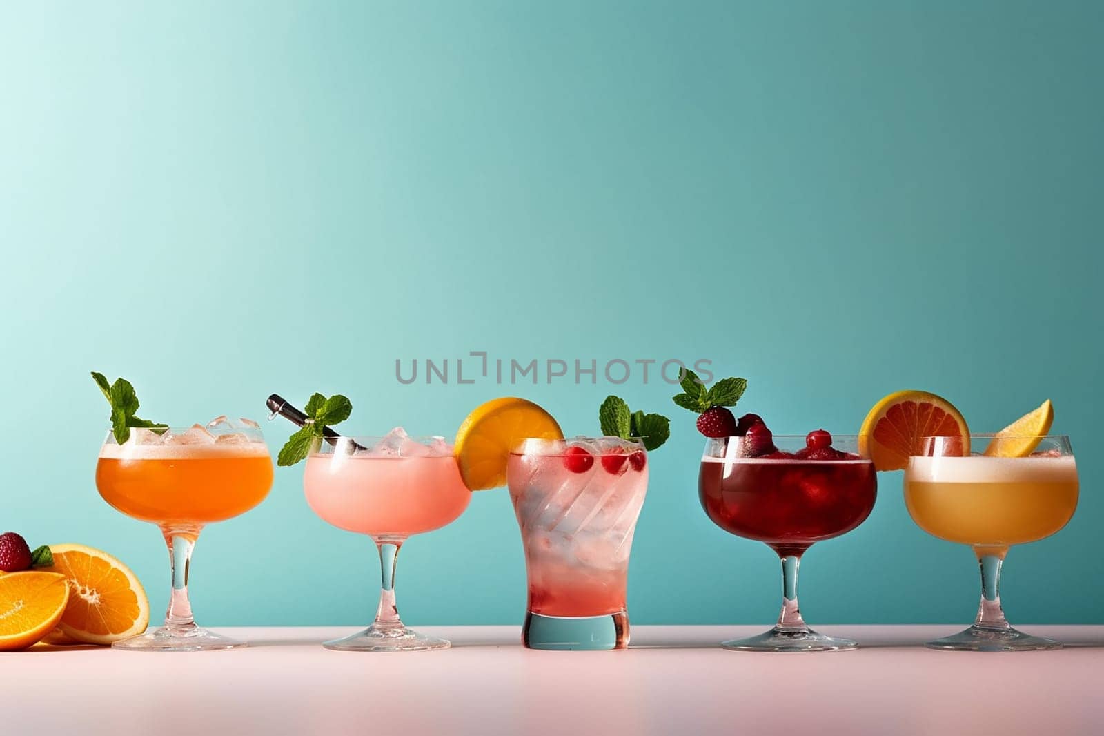 Assorted fruit cocktails in clear glasses against a teal background.