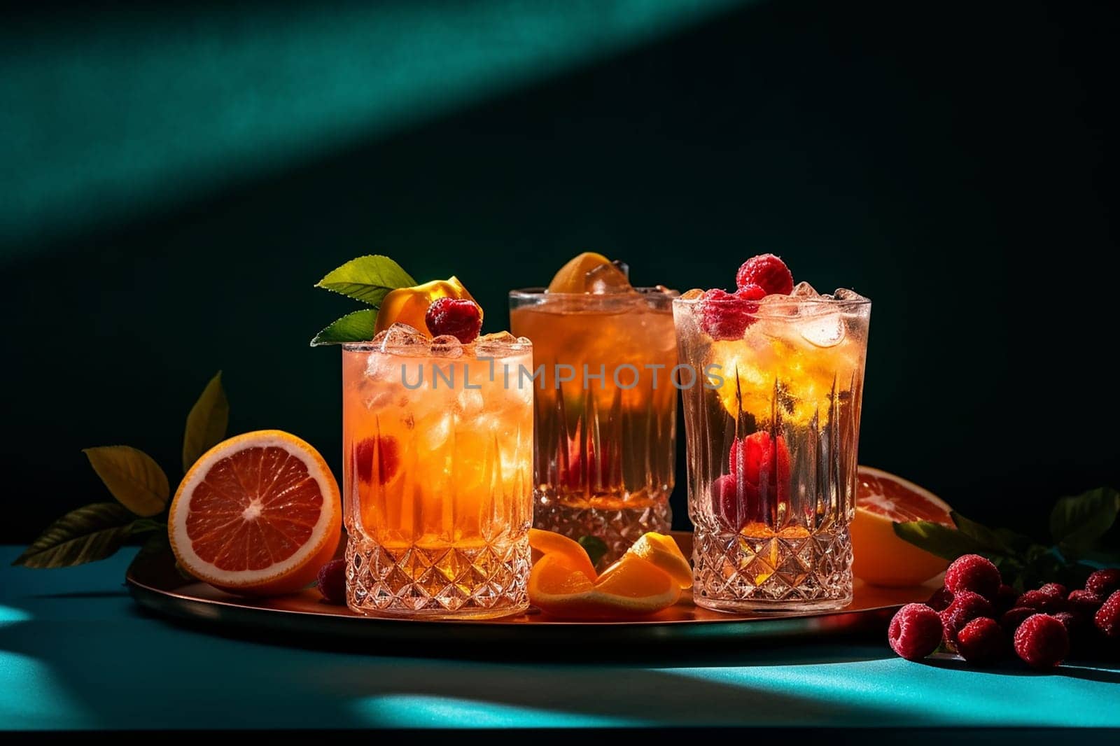 Assorted beverages with citrus and raspberries on elegant glassware.