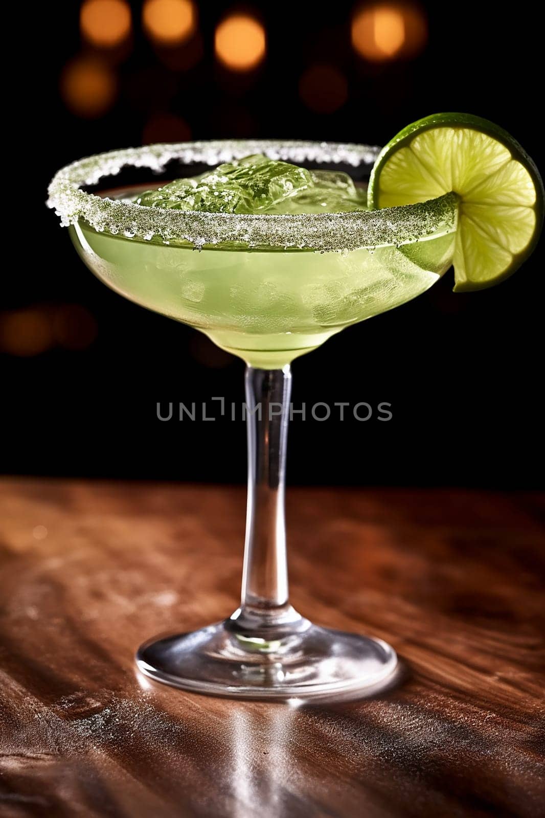 Classic margarita cocktail with lime and salt rim on a bar top.