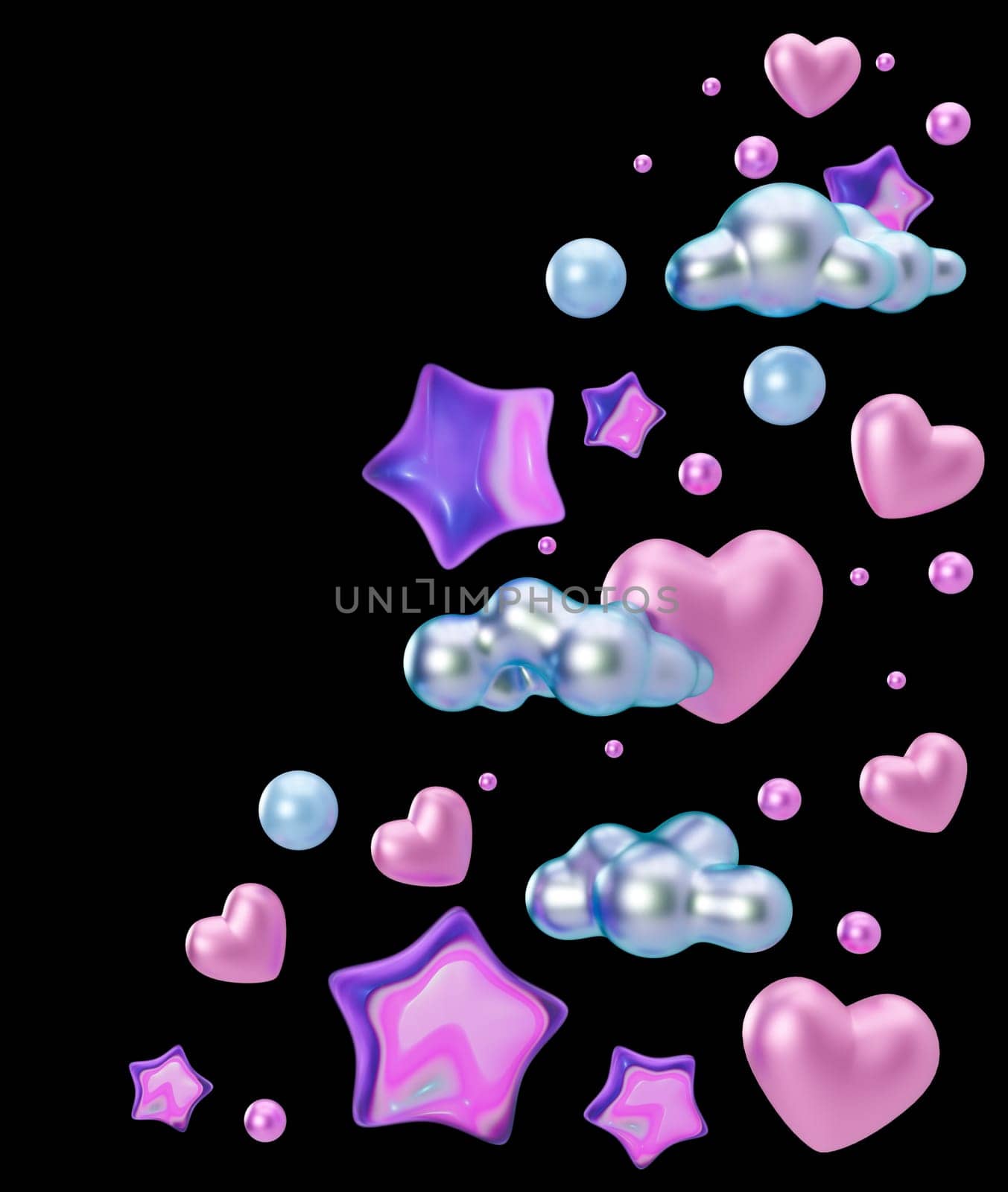 Vibrant purple stars, shiny hearts, clouds isolated on black background. Border, corner design element. Party, Valentines Day, Birthday decoration. Cut out. Perfect for celebrations, invitations. 3D