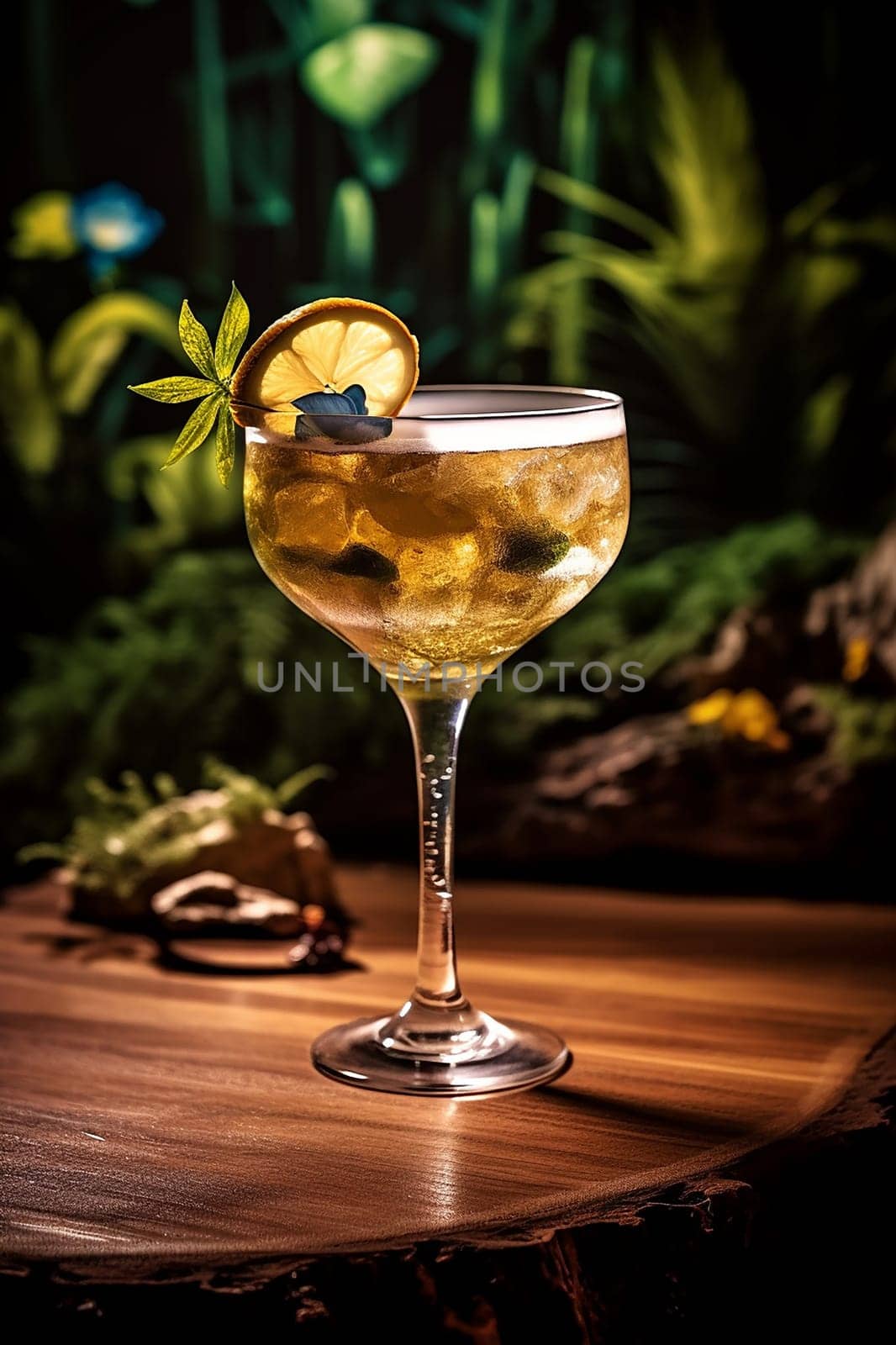Elegant cocktail in a stemmed glass, garnished with orange and mint.