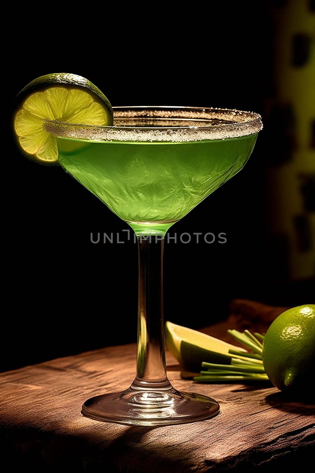 A vibrant green cocktail in a classic glass garnished with a lime wheel.
