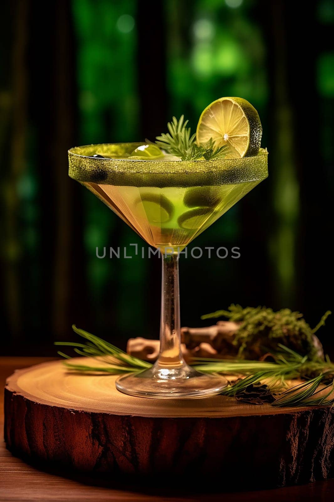 Elegant green cocktail garnished with lime on wooden surface, moody lighting.