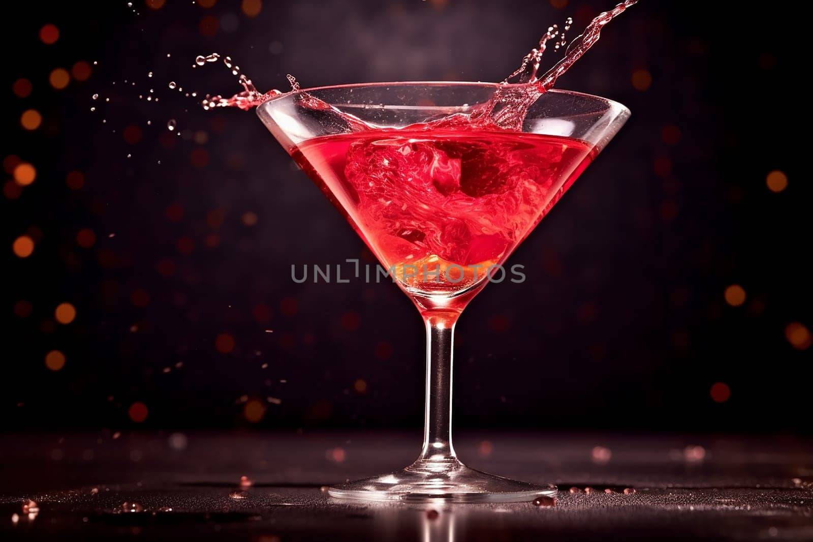 A vibrant cocktail splashing in a martini glass.