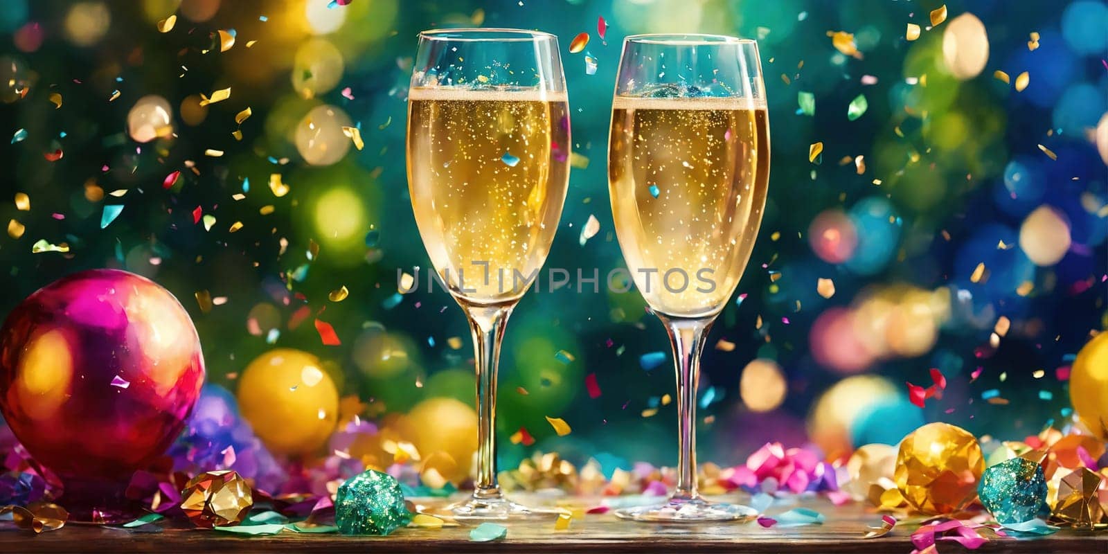 Two glasses of champagne for the holiday against a background of confetti and bokeh. Generative AI. High quality photo