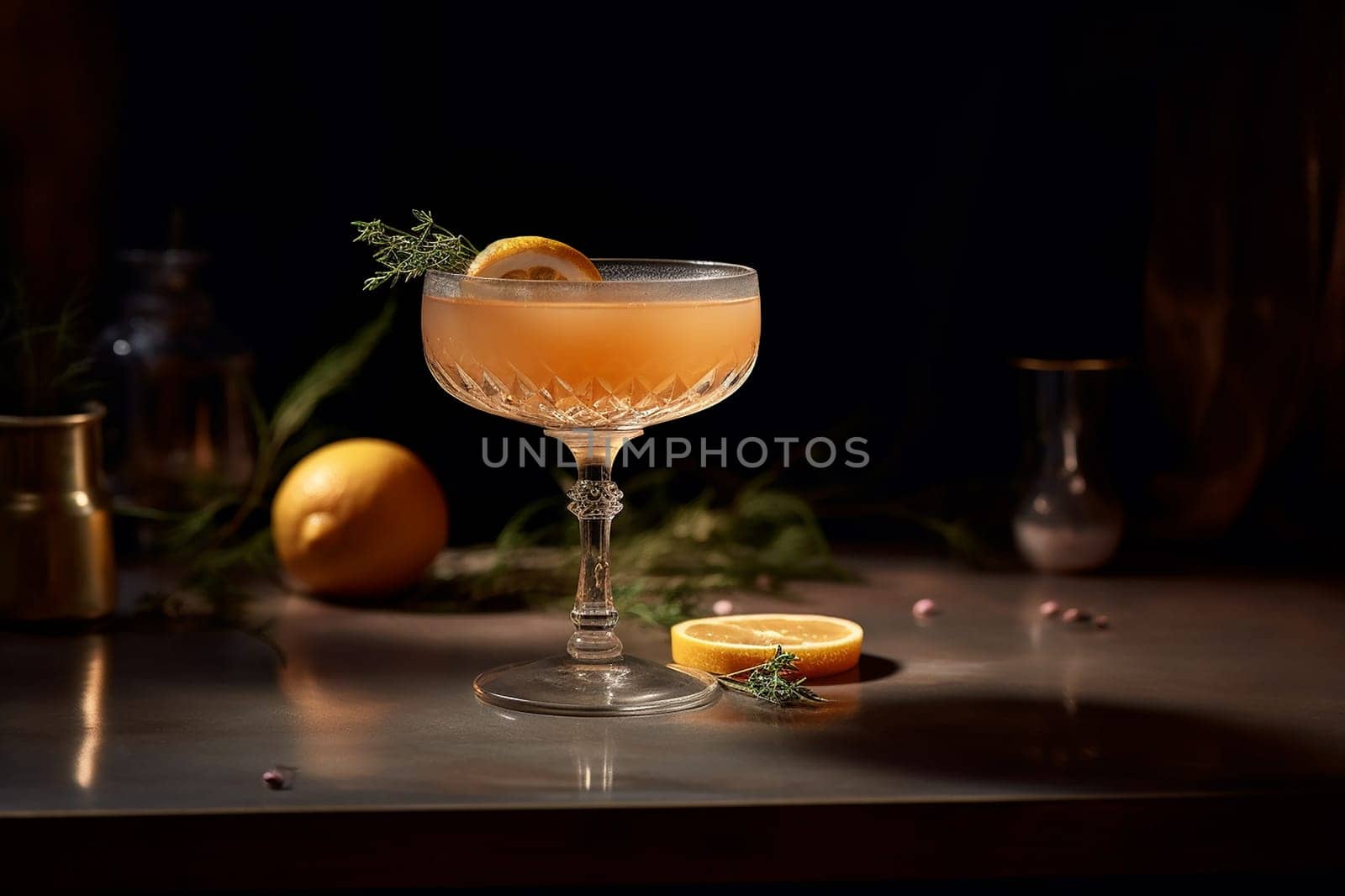 Elegant cocktail with citrus garnish on a vintage stemware