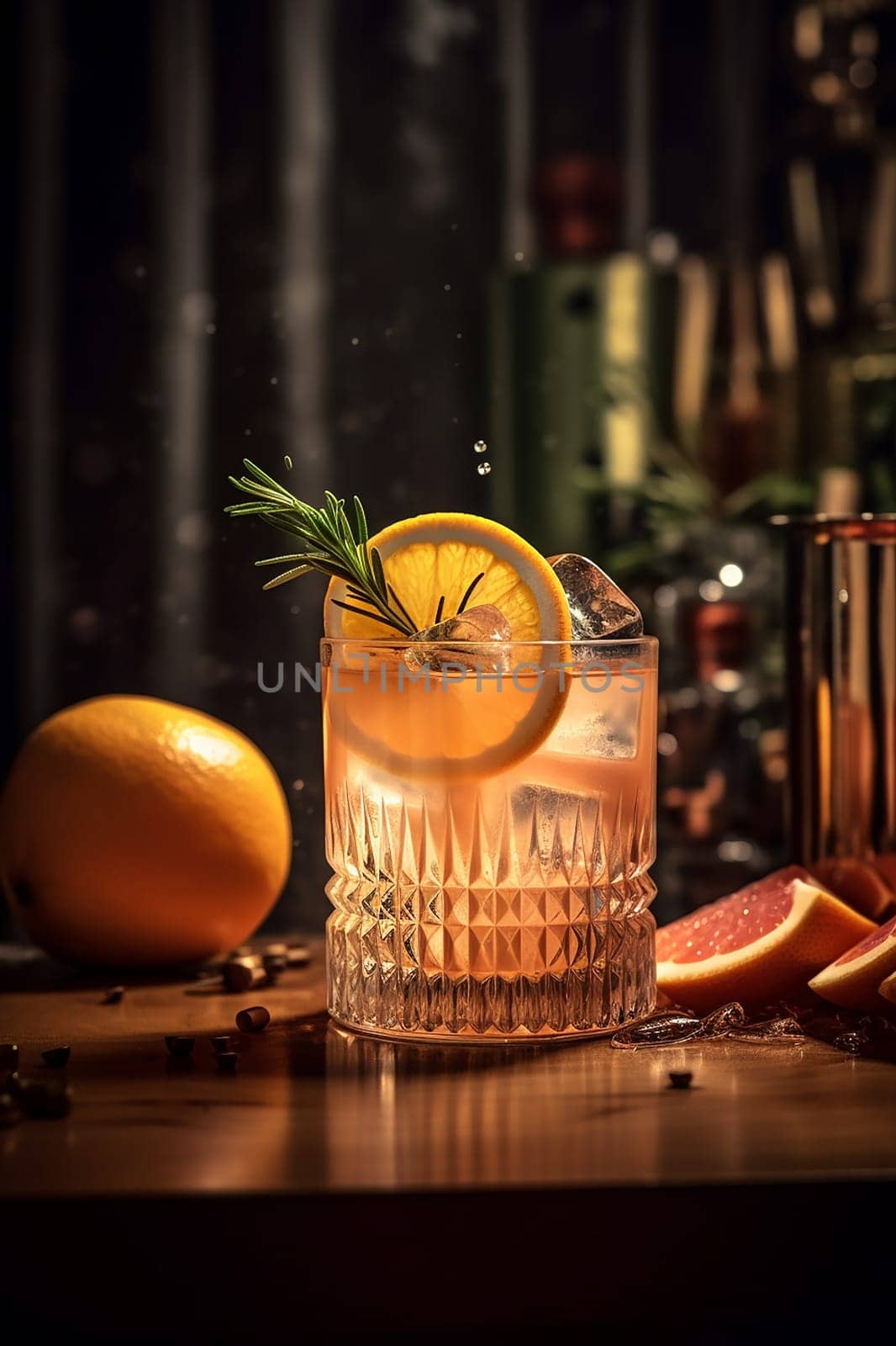 Crystal glass with citrus cocktail garnished with rosemary and orange slice.