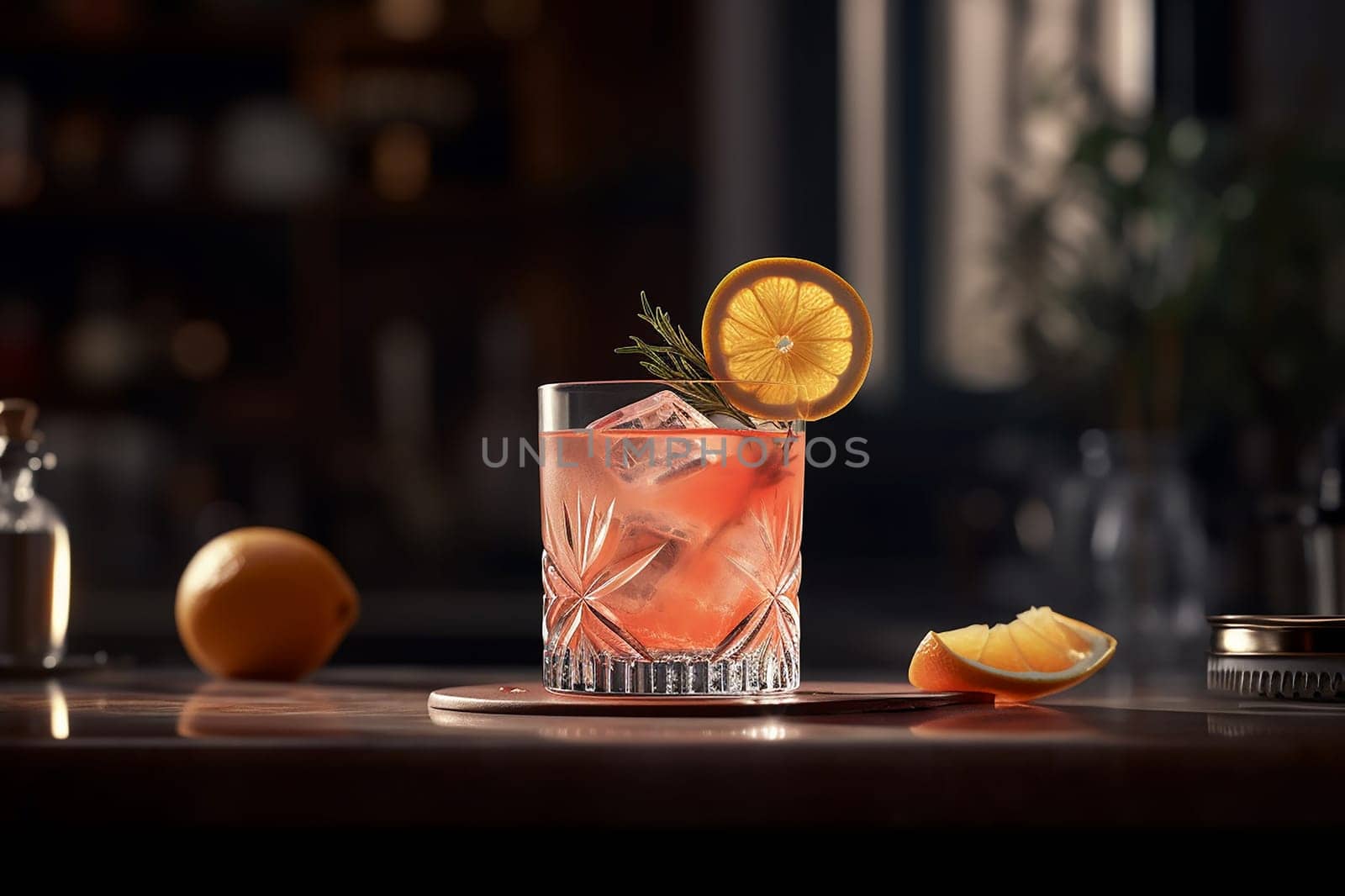 Elegant cocktail with citrus garnish on a bar counter.