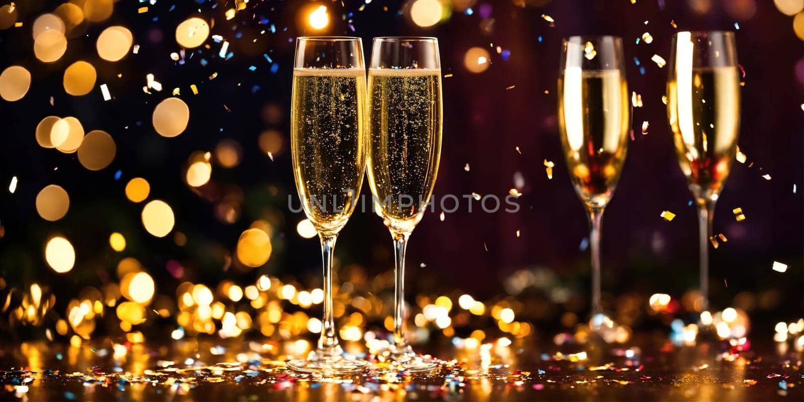 Two glasses of champagne for the holiday against a background of confetti and bokeh. Generative AI. High quality photo