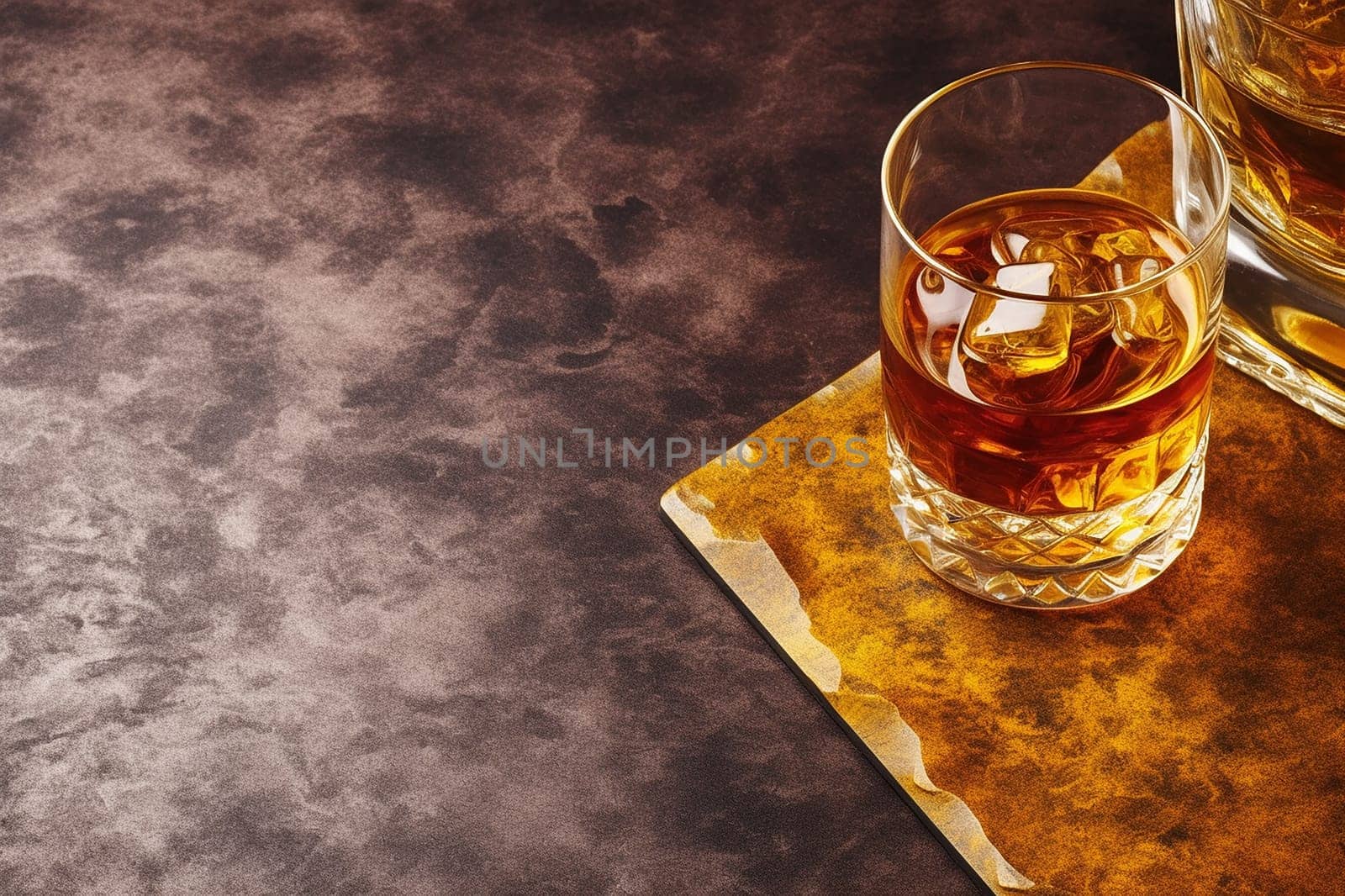 Glass of whiskey with ice on a textured dark backdrop