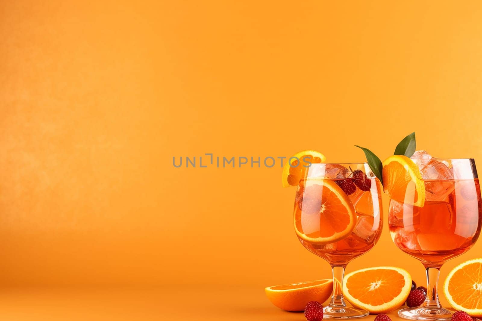 Two glasses of refreshing orange beverage with fruit garnishes against orange backdrop.