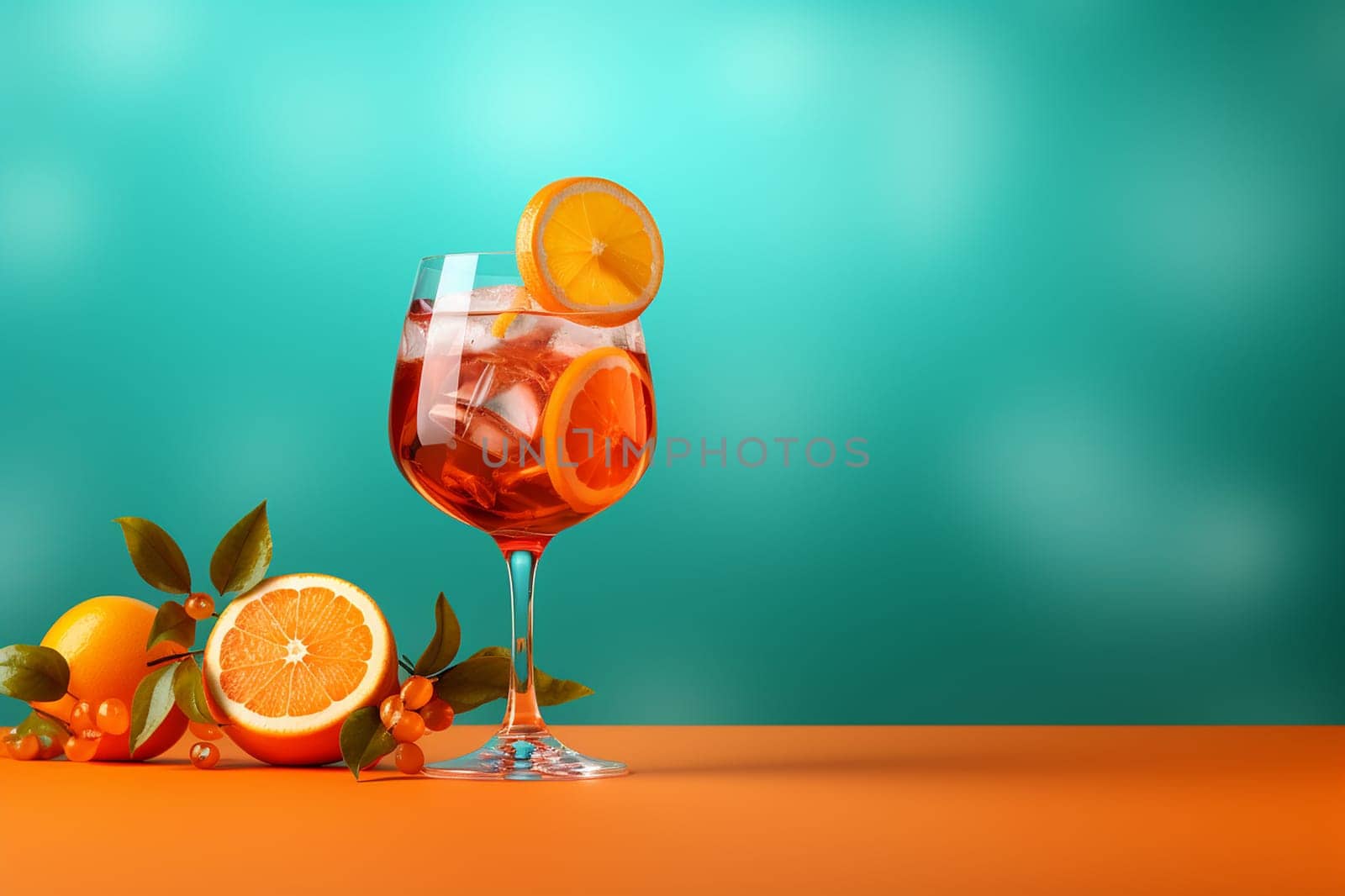 Refreshing citrus drink in a glass with ice and orange slices.