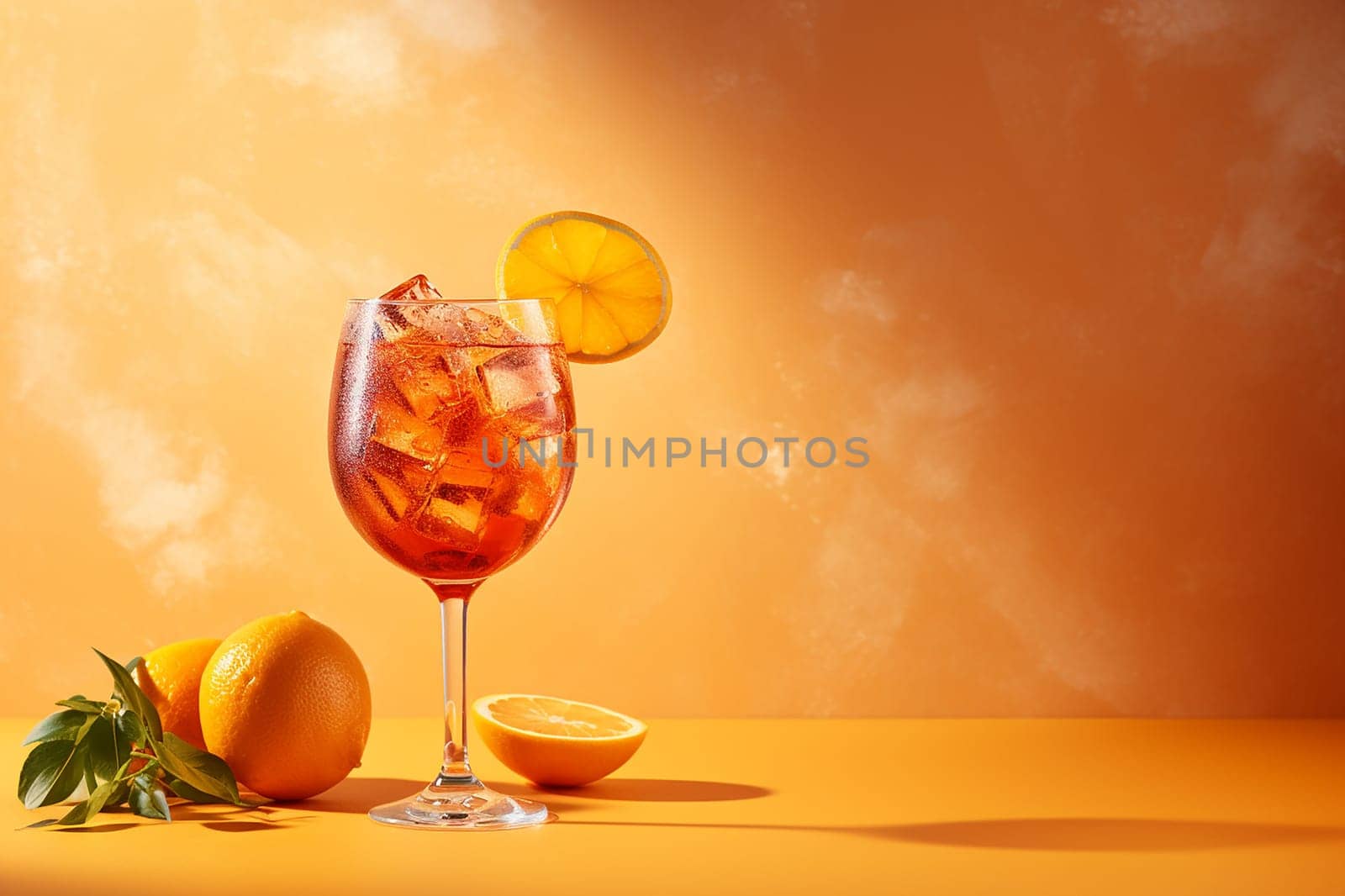 Refreshing summer beverage with ice and citrus garnish on a warm background.