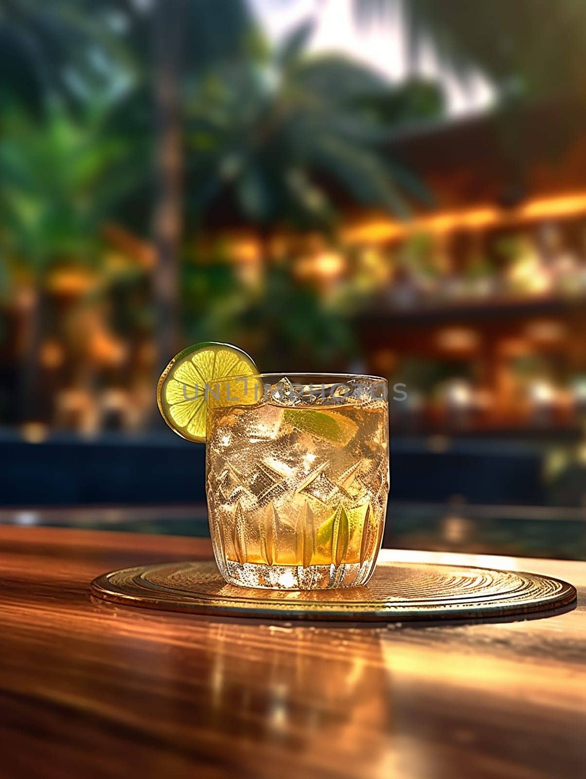 A refreshing cocktail with lime on a bar counter.