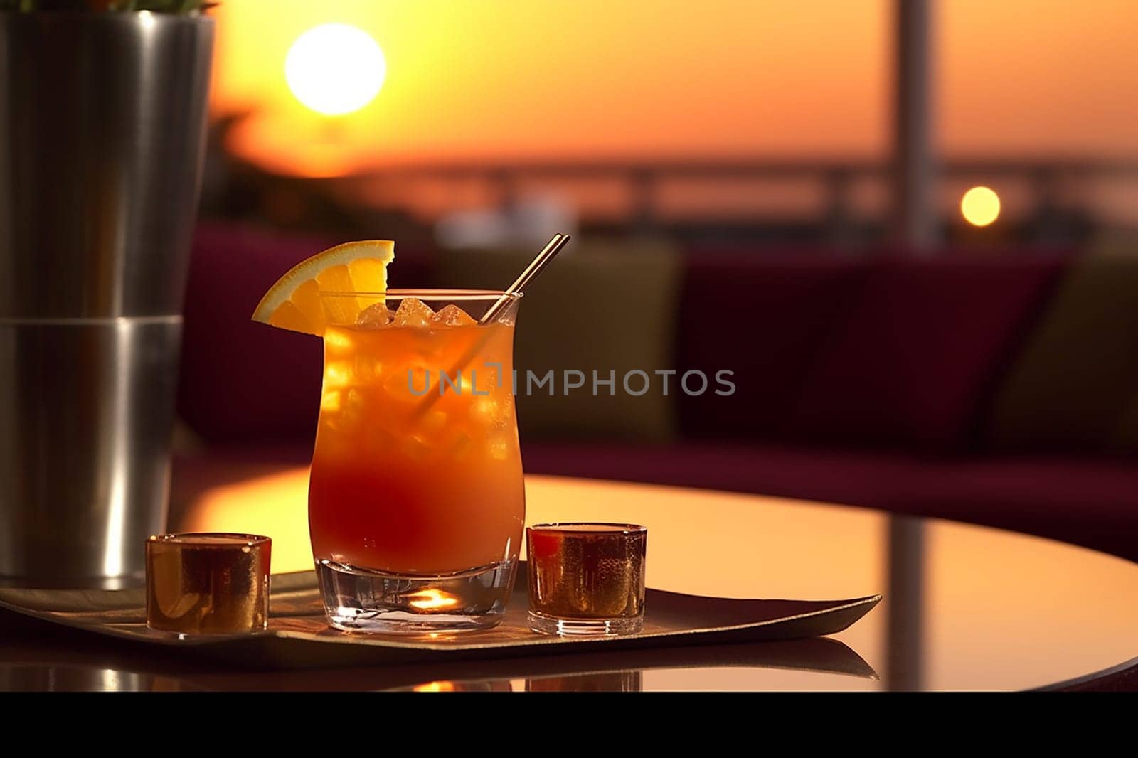 A refreshing cocktail on a table during a beautiful sunset backdrop