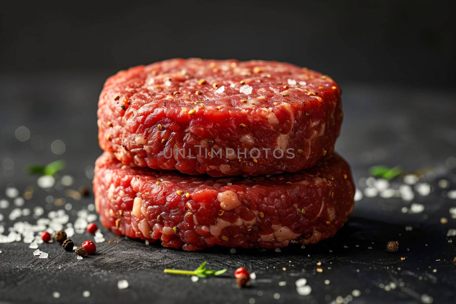 Burger patties made from raw ground beef with salt and spices on a black background, minimalism.