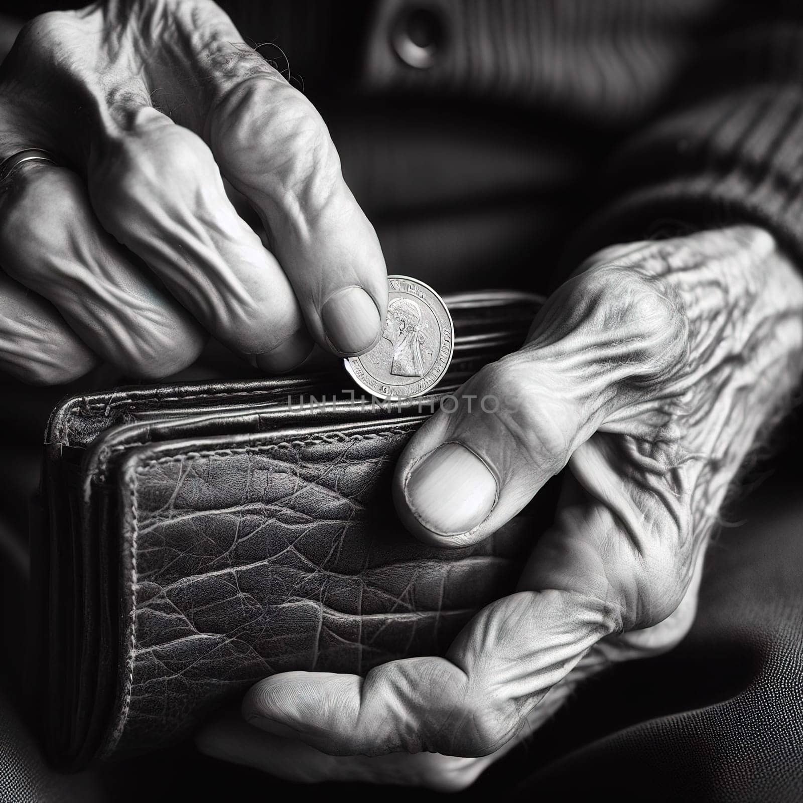 The hands of an elderly man put coins in a wallet. Small pension. Generative AI by gordiza