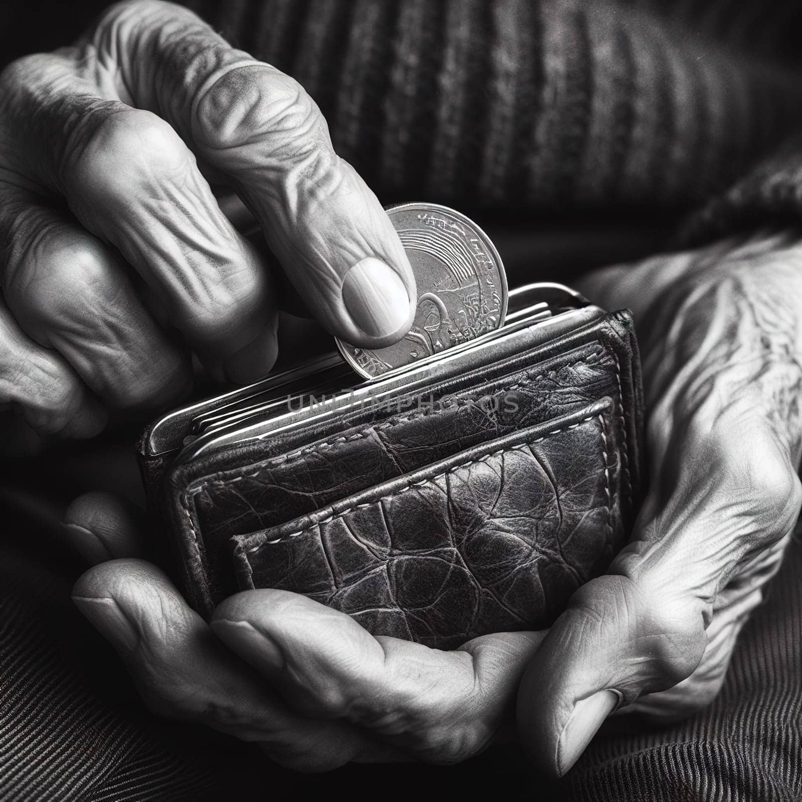 The hands of an elderly man put coins in a wallet. Small pension. Generative AI by gordiza