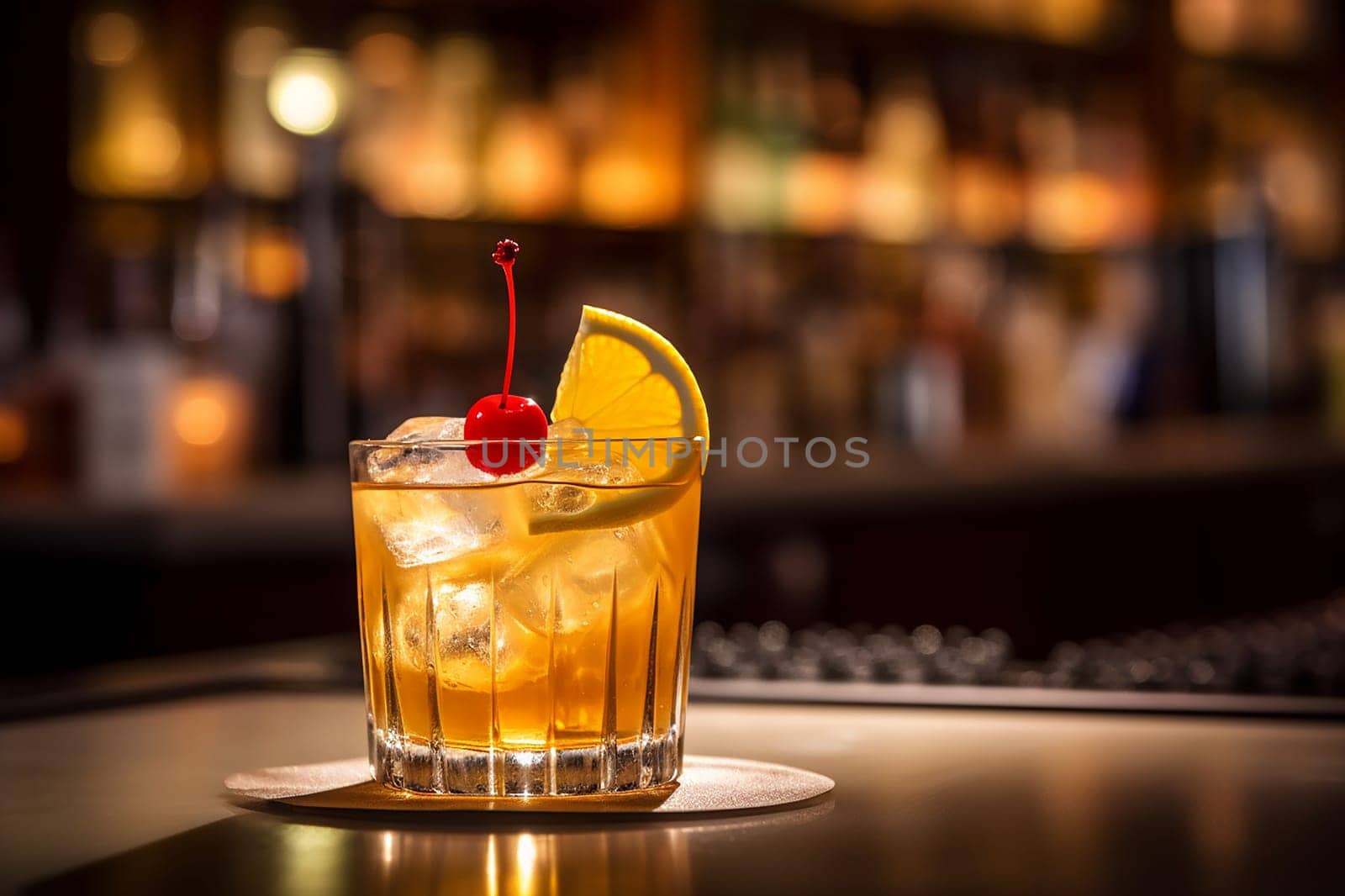 Cocktail with cherry garnish on bar counter