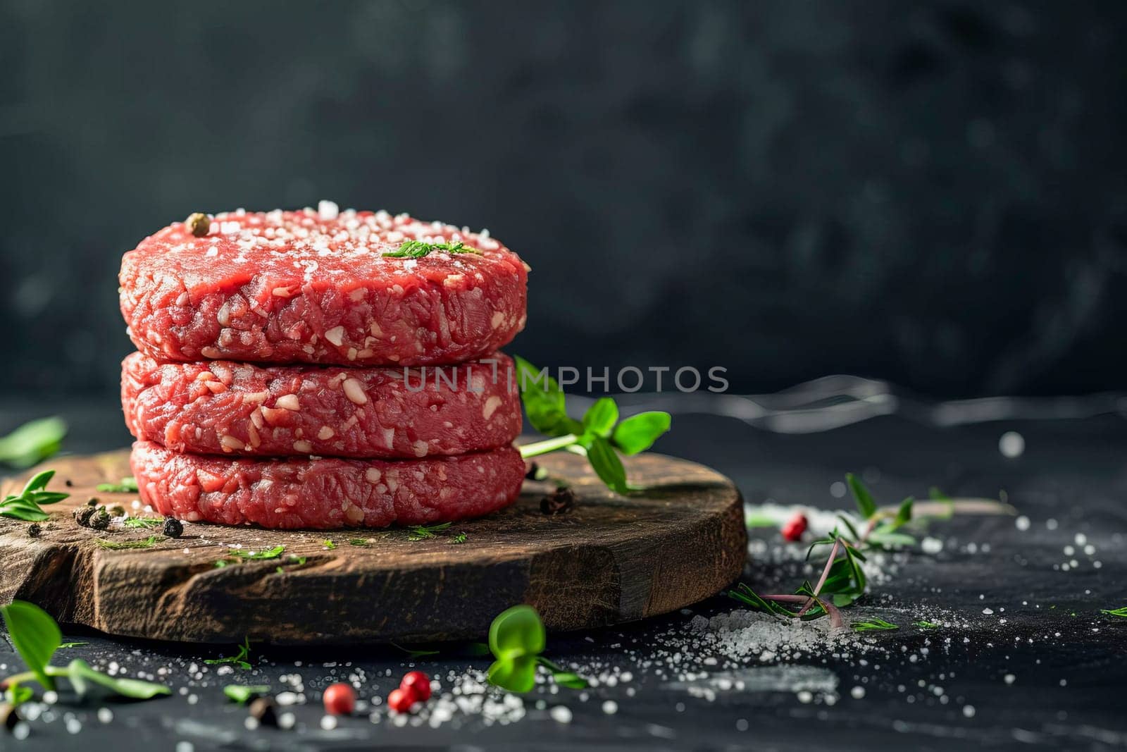 Burger patties made from raw ground beef with salt and spices on a black background, minimalism.