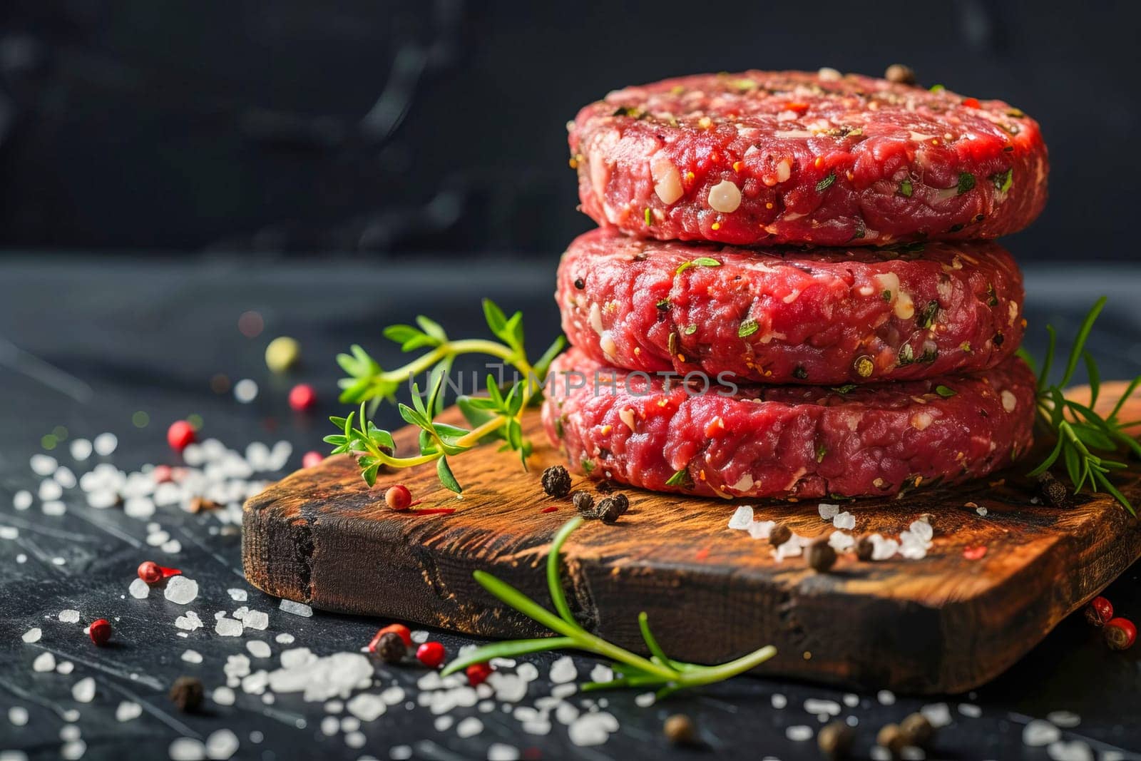 Burger patties made from raw ground beef with salt and spices on a black background, minimalism.