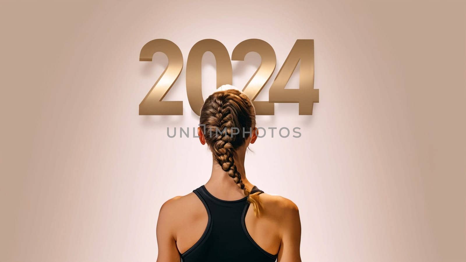 sport girl with the new year 2024 . sportwoman look at 2024 gold color letter over lilla background, Sport happy new year 2024 cover concept. by Costin