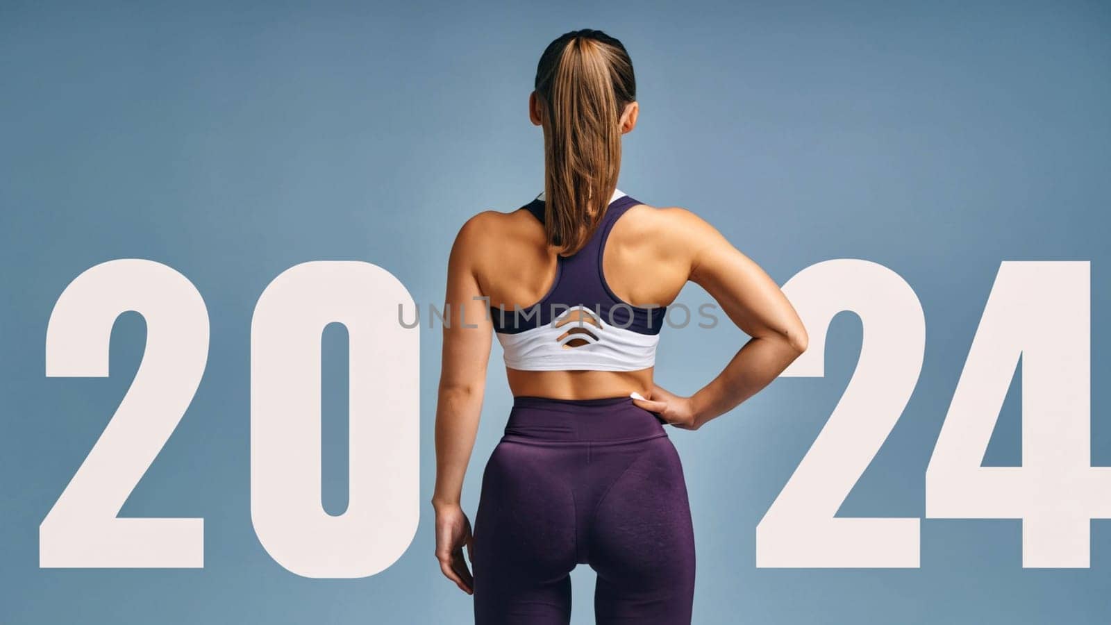 sport girl with the new year 2024 . sportwoman look at 2024 white color letter over blue background, Sport happy new year 2024 cover concept. High quality image