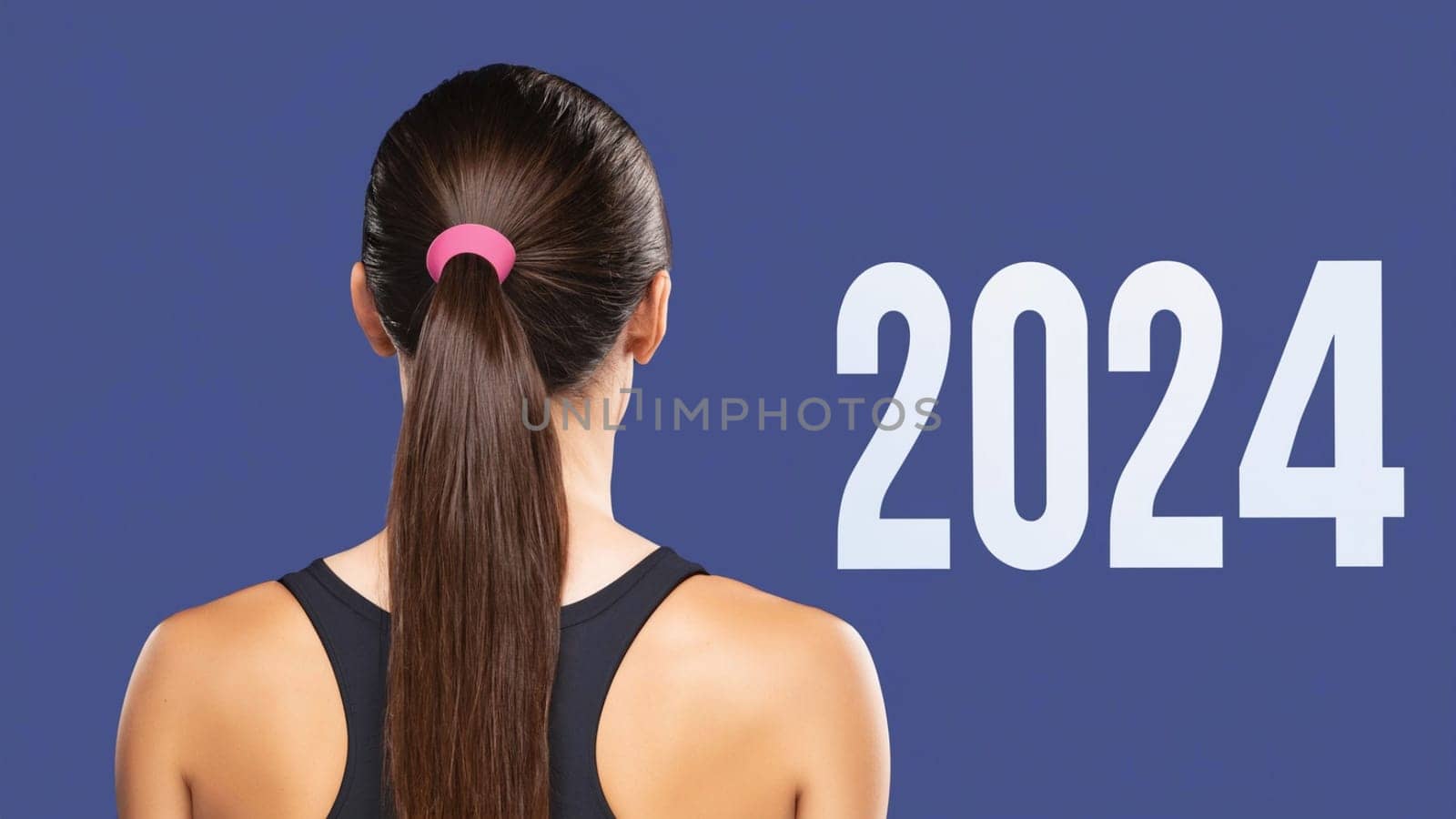 sport girl with the new year 2024 . sportwoman look at 2024 white color letter over blue background, Sport happy new year 2024 cover concept. by Costin