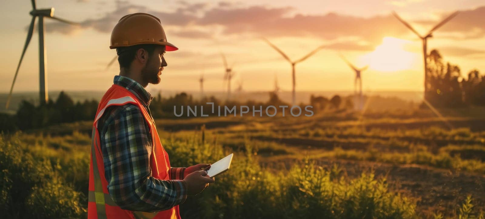 An engineer with a tablet examining wind turbines during a beautiful sunset in the countryside.