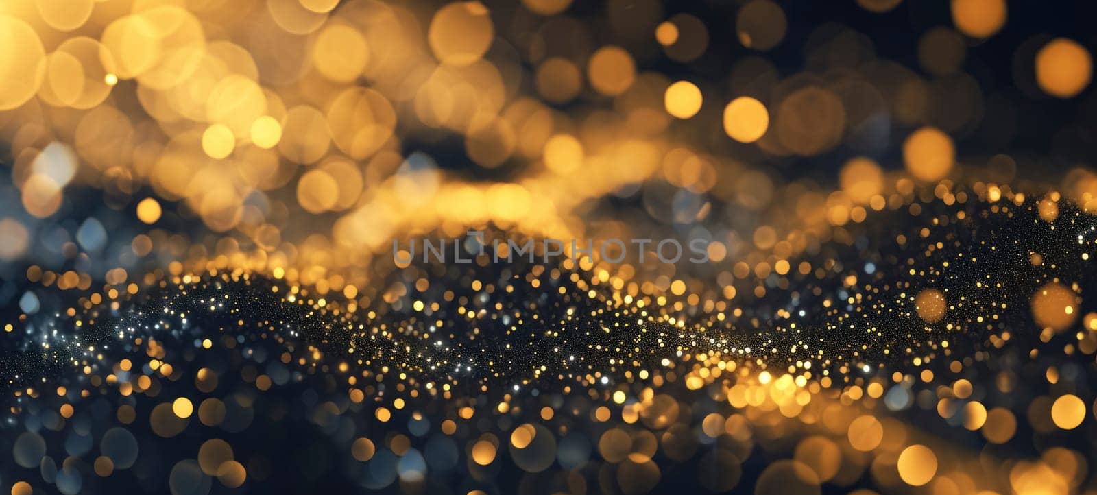Abstract background of a golden sparkling particle wave, conveying luxury and celebration.