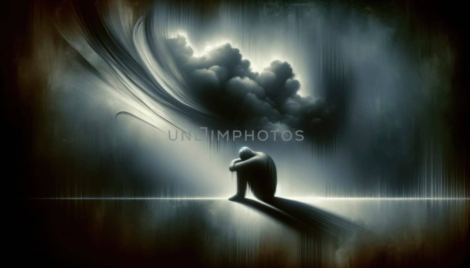 A somber image capturing the essence of depression through abstract symbolism, conveying emotional burden